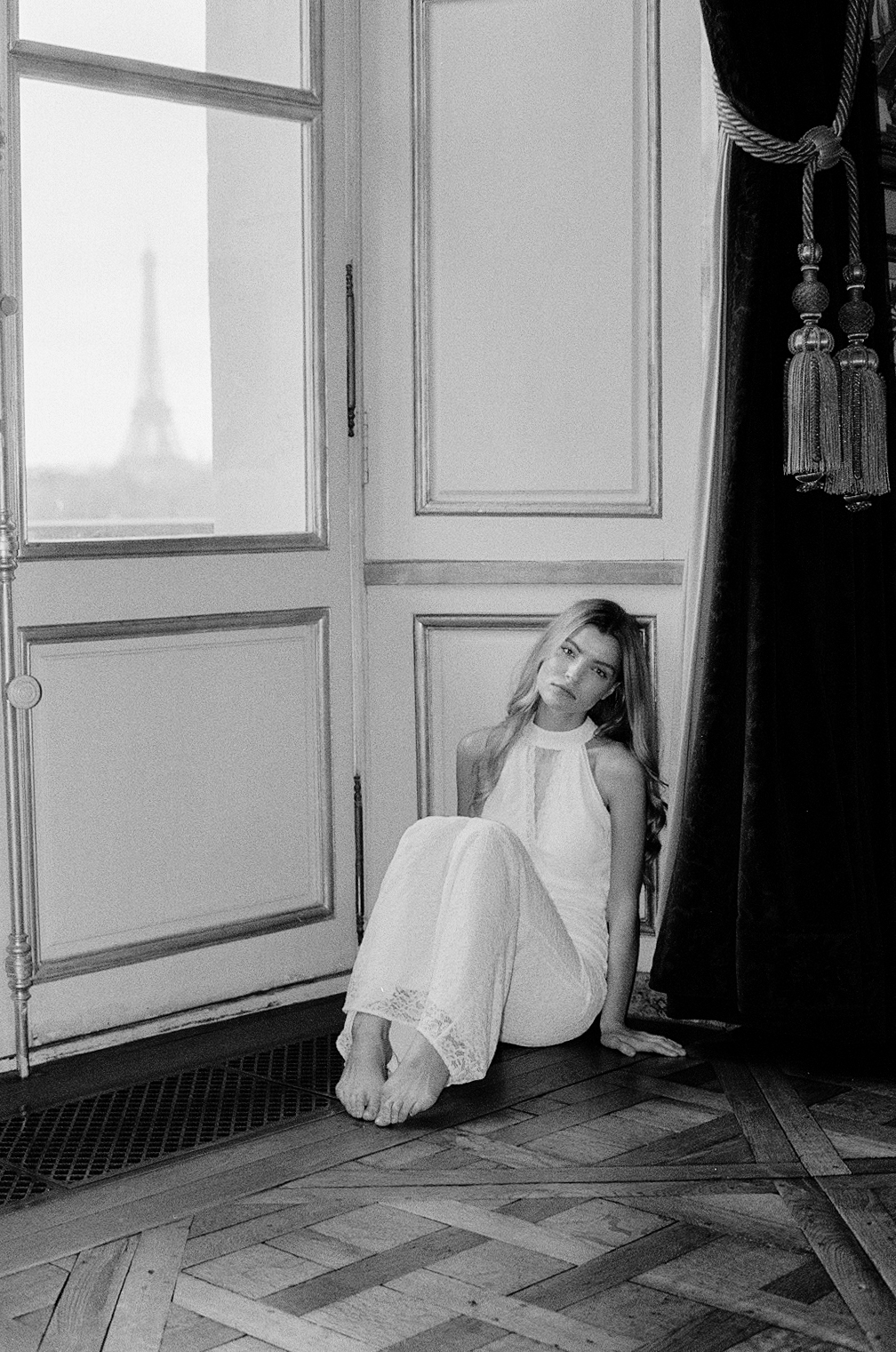 pre-wedding photo session in a gorgeous Parisian interior with Eiffel Tower view
