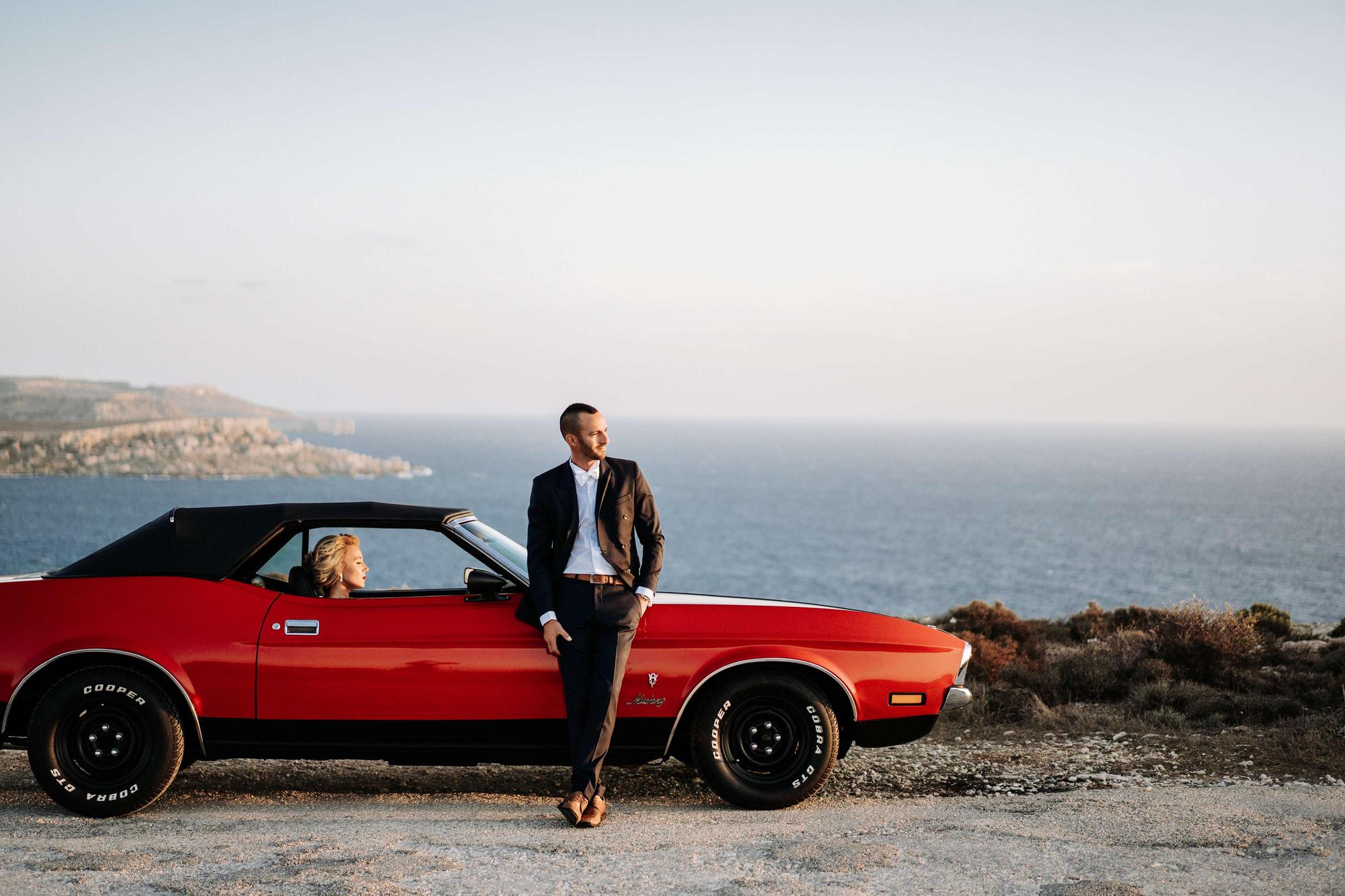 Malta Gozo wedding photography with retro car