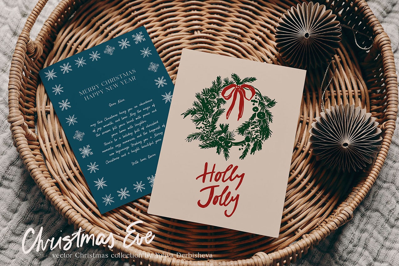 Vector Christmas printable cards  template with snowflakes and wreath design