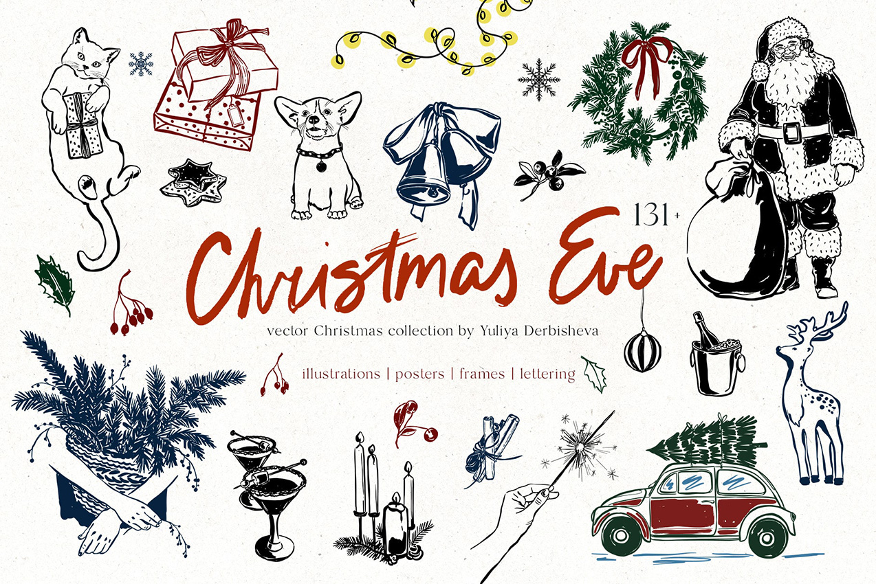 Christmas spirit vector whimsical vintage illustrations clipart posters for design