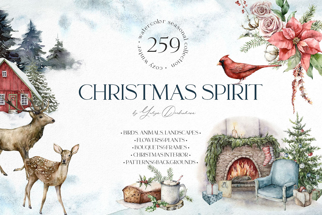 Christmas spirit watercolor illustrations clipart floral and animals for festive design