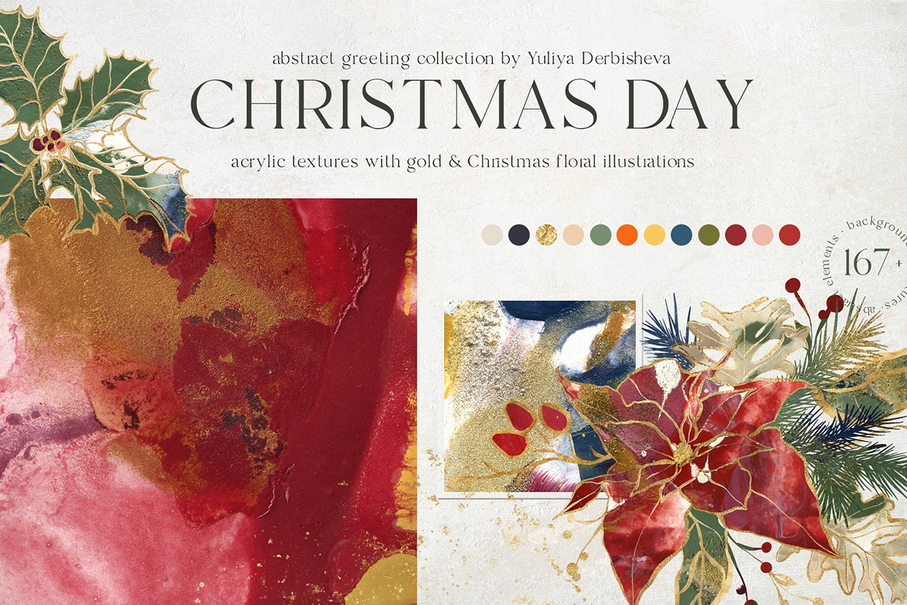 Christmas day background and texture, floral festive collage elements for design
