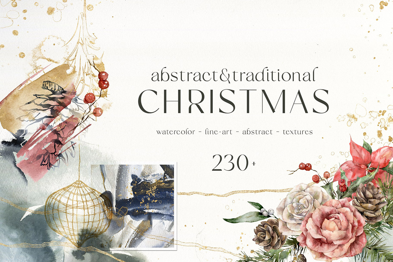 Abstract & Traditional Christmas backgrounds and winter floral festive illustrations clipart