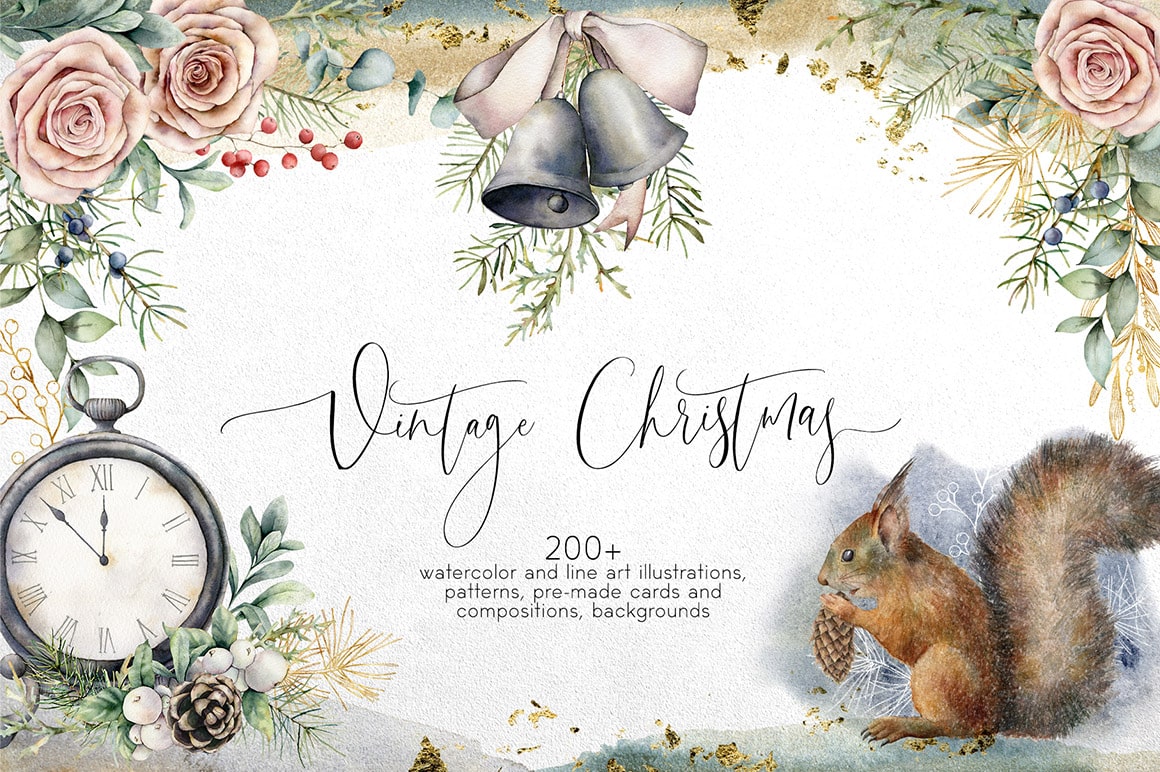 Vintage Christmas watercolor floral and animals festive illustrations art & designs