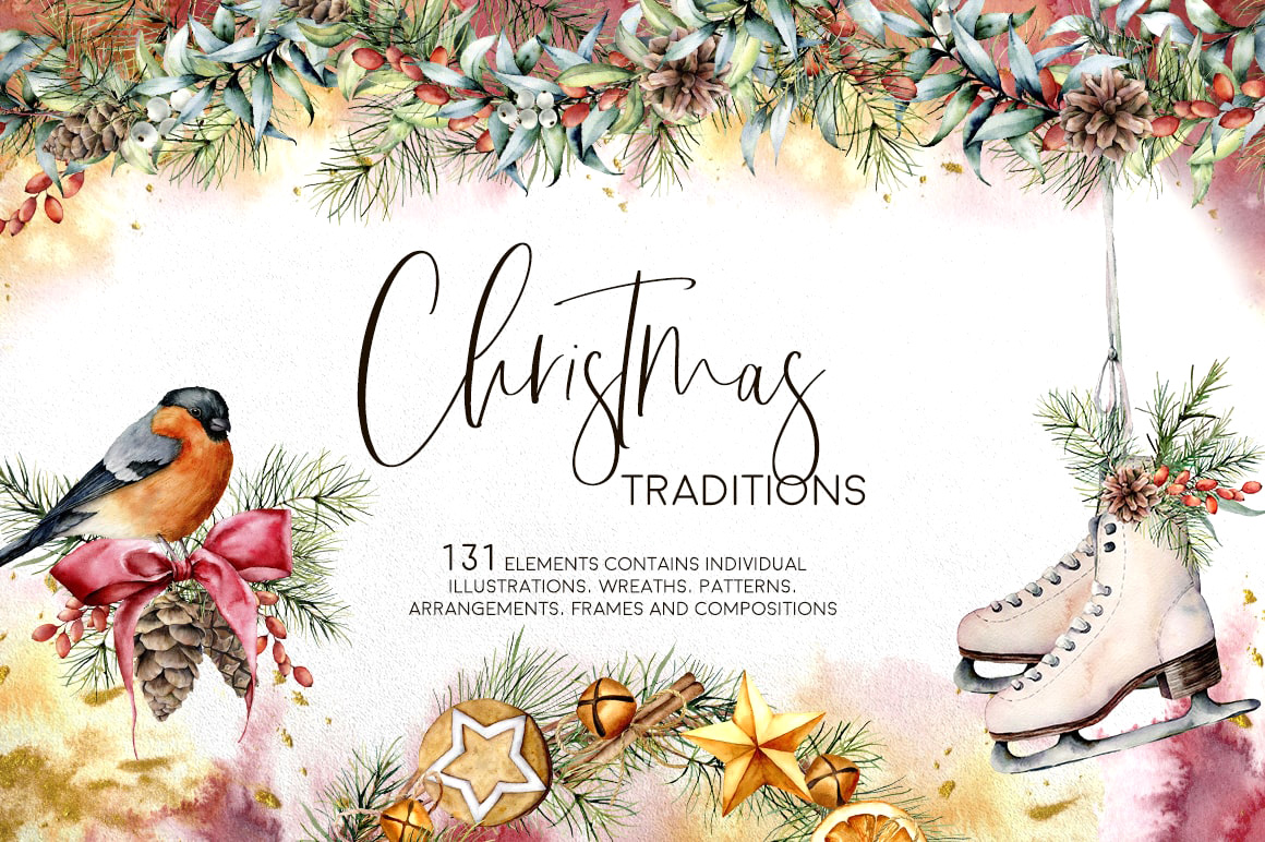 Christmas traditions watercolor floral illustrations and design