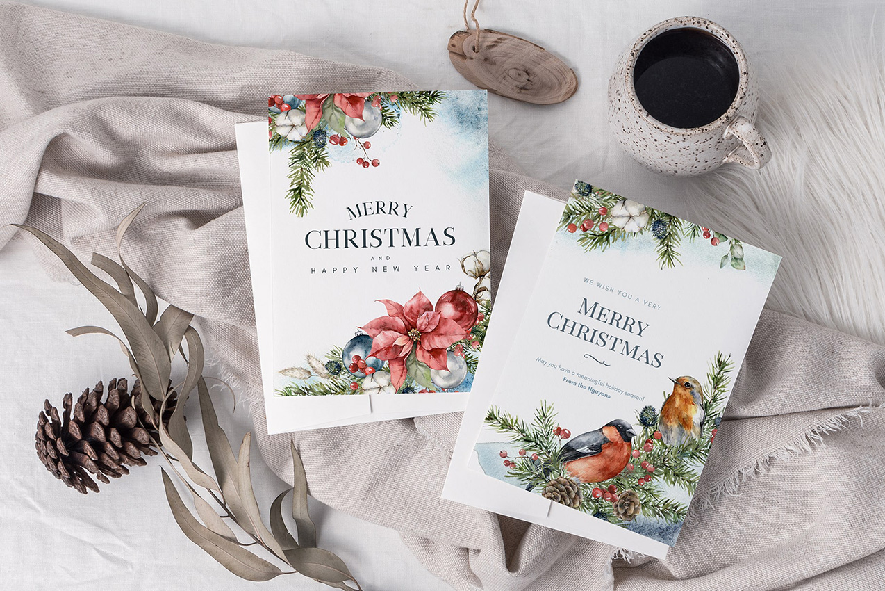Printable watercolor Christmas cards with poinsettia flower, ornaments and red cardinal bird