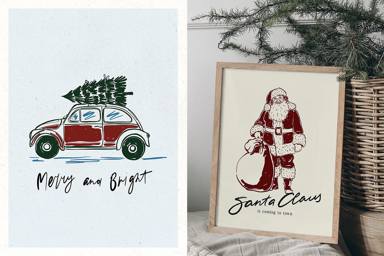 Christmas printable vector posters with Santa Claus and red car with Christmas tree