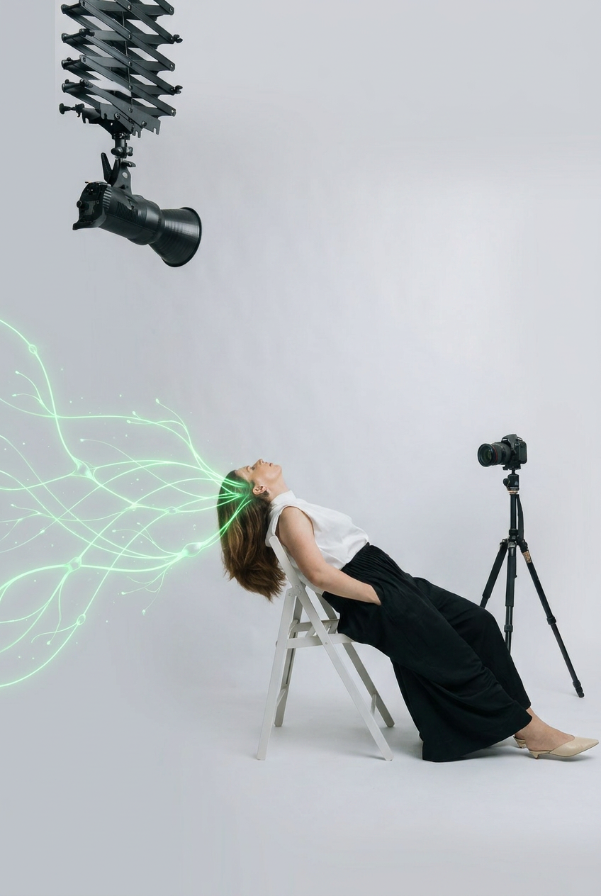 Fotograf cu rețele neuronale verzi simbolizând fotografia comercială cu AI