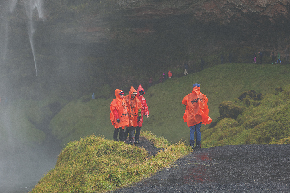 Seljalandsfoss, waterfall, soaked, wet, cold, raincoats