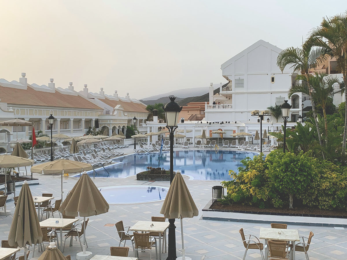 hotel pool, dusk, tenerife