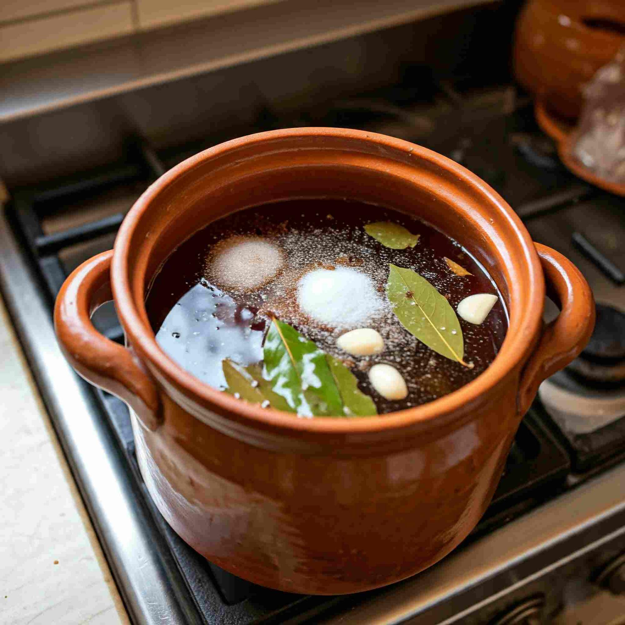 A pot of boiling water with salt, bay leaves, and garlic cloves, ready to be used for cooking a delicious meal
