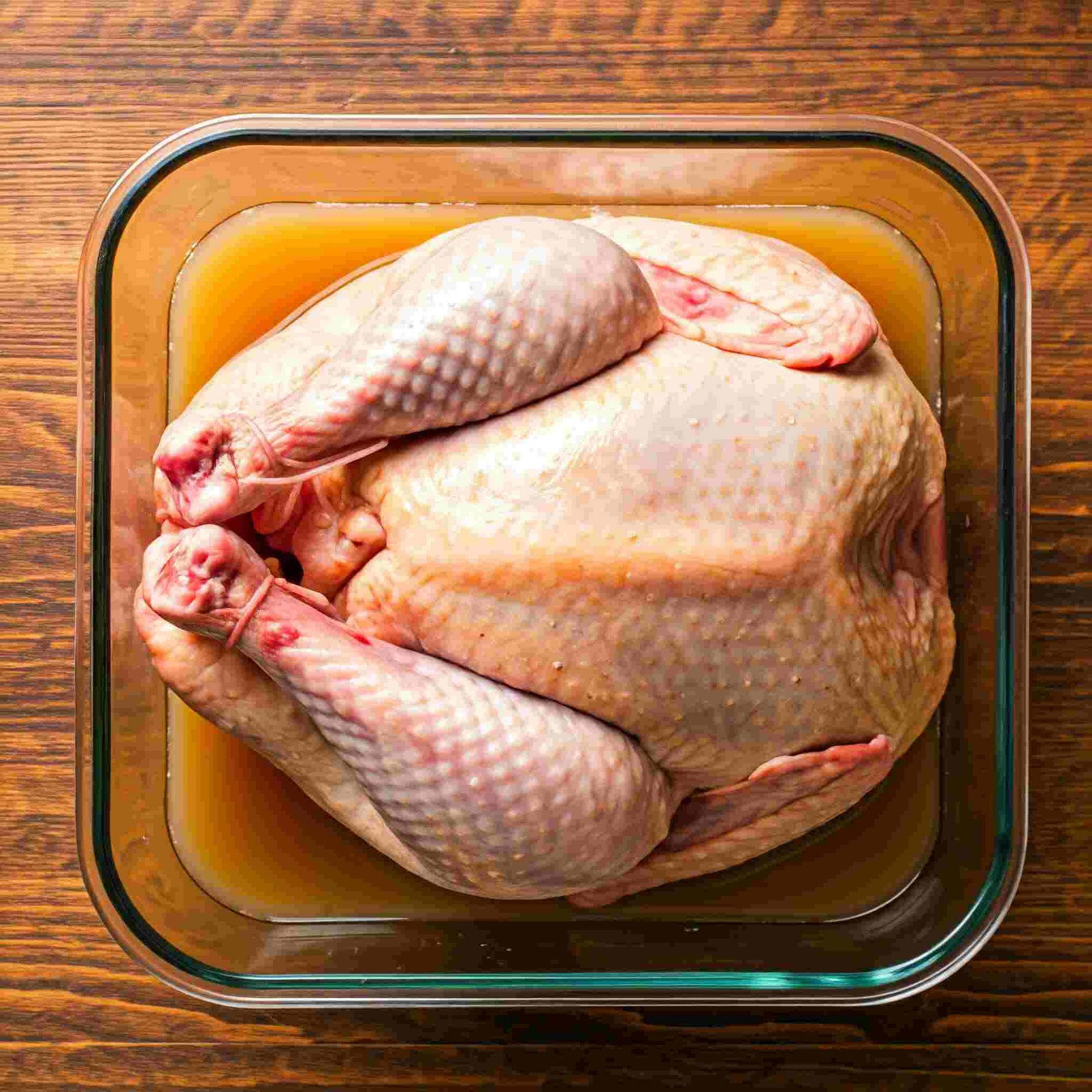 A close-up of a raw turkey submerged in a brine solution, with the turkey's skin glistening and the brine bubbling around it.