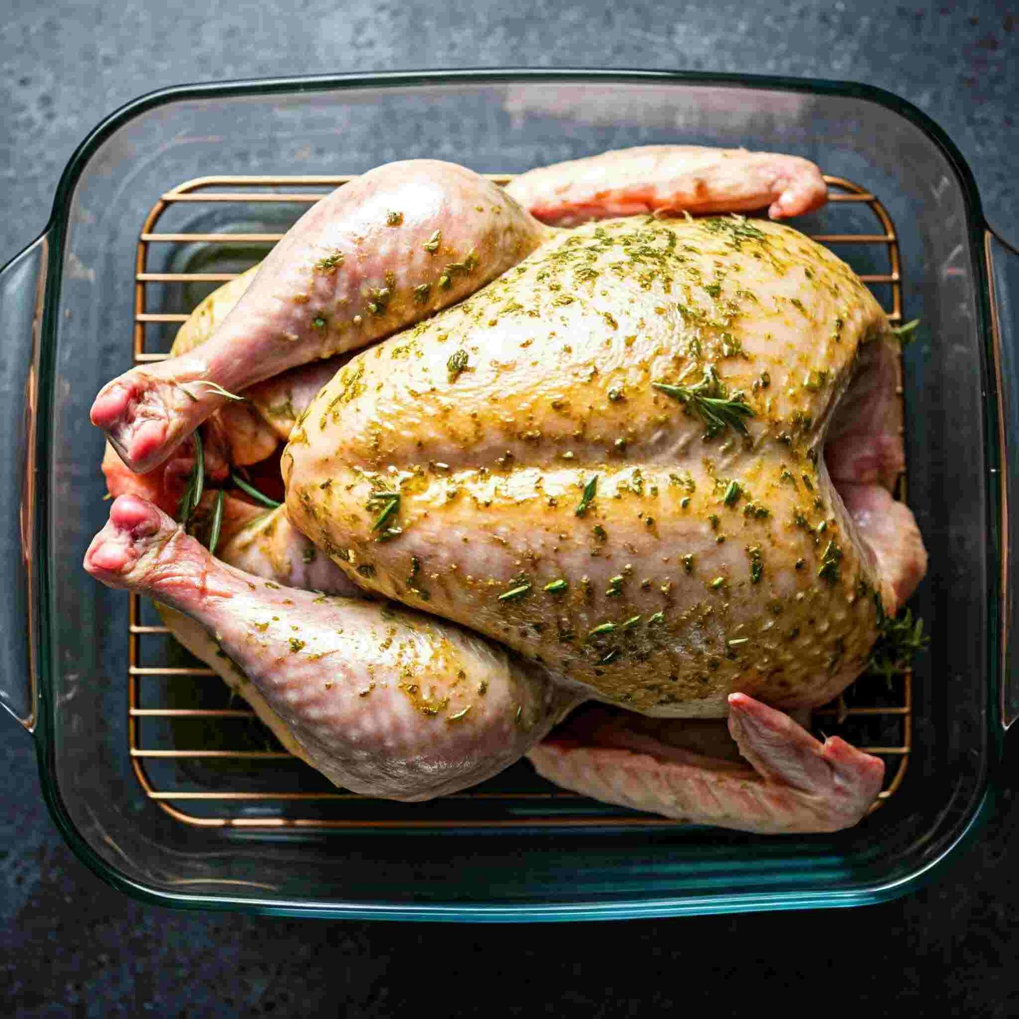 A raw turkey marinating in a brine solution, with the turkey's wings and legs visible from the side.