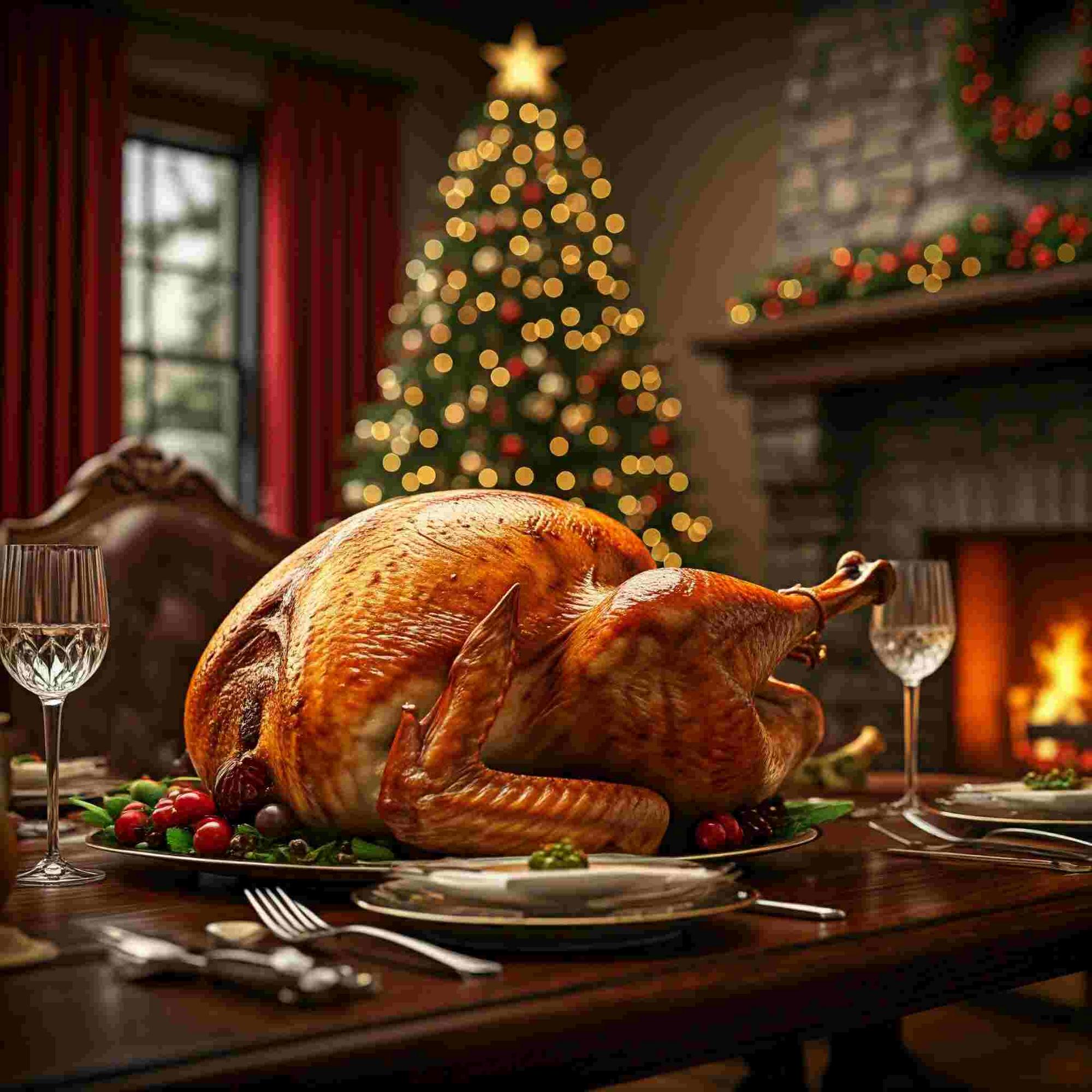 A delicious roasted turkey, surrounded by all the trimmings, ready to be served for a festive Christmas dinner.