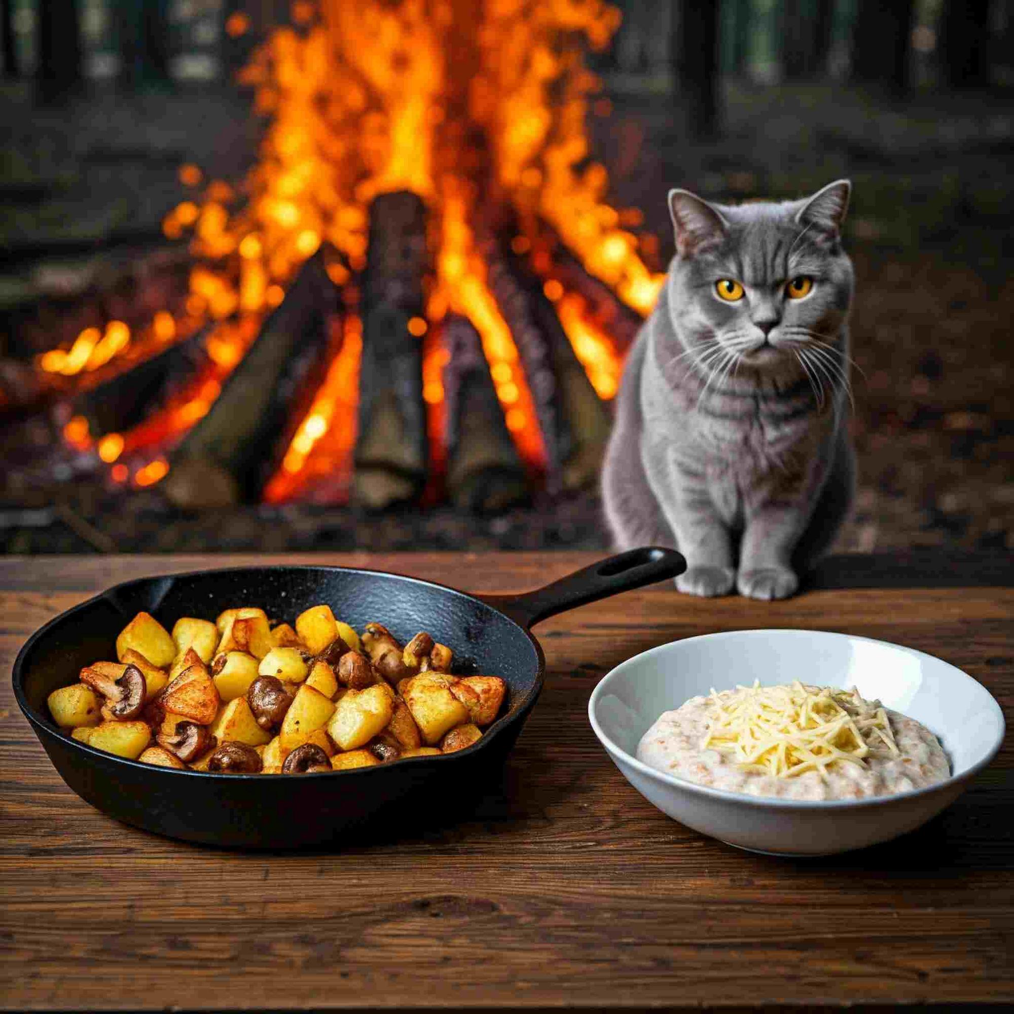 A British Shorthair cat watches enviously as a hearty breakfast of roasted potatoes and mushrooms sizzles on a cast iron skillet. Find your own outdoor breakfast adventure! Cooking in the Sierra National Forest