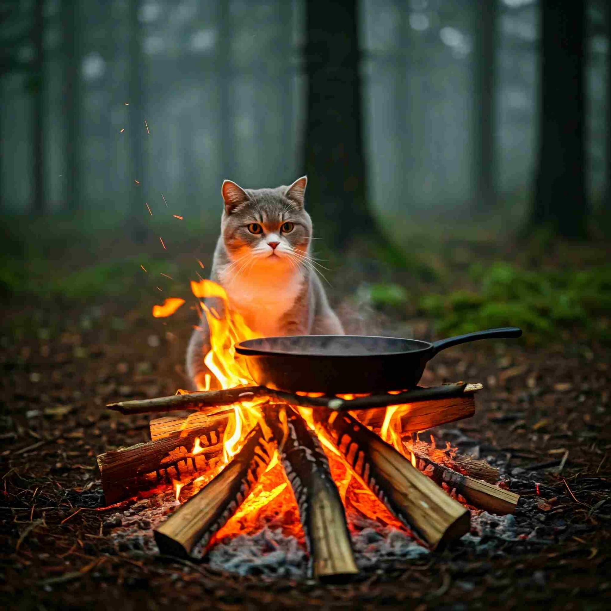 A British Shorthair cat sits in the background of a misty forest, with a majestic campfire made of oak logs burning brightly in the foreground, and a cast iron skillet with boiling oil placed on the fire, emitting a plume of steam. Learning to cook in the Sierra National Forest.