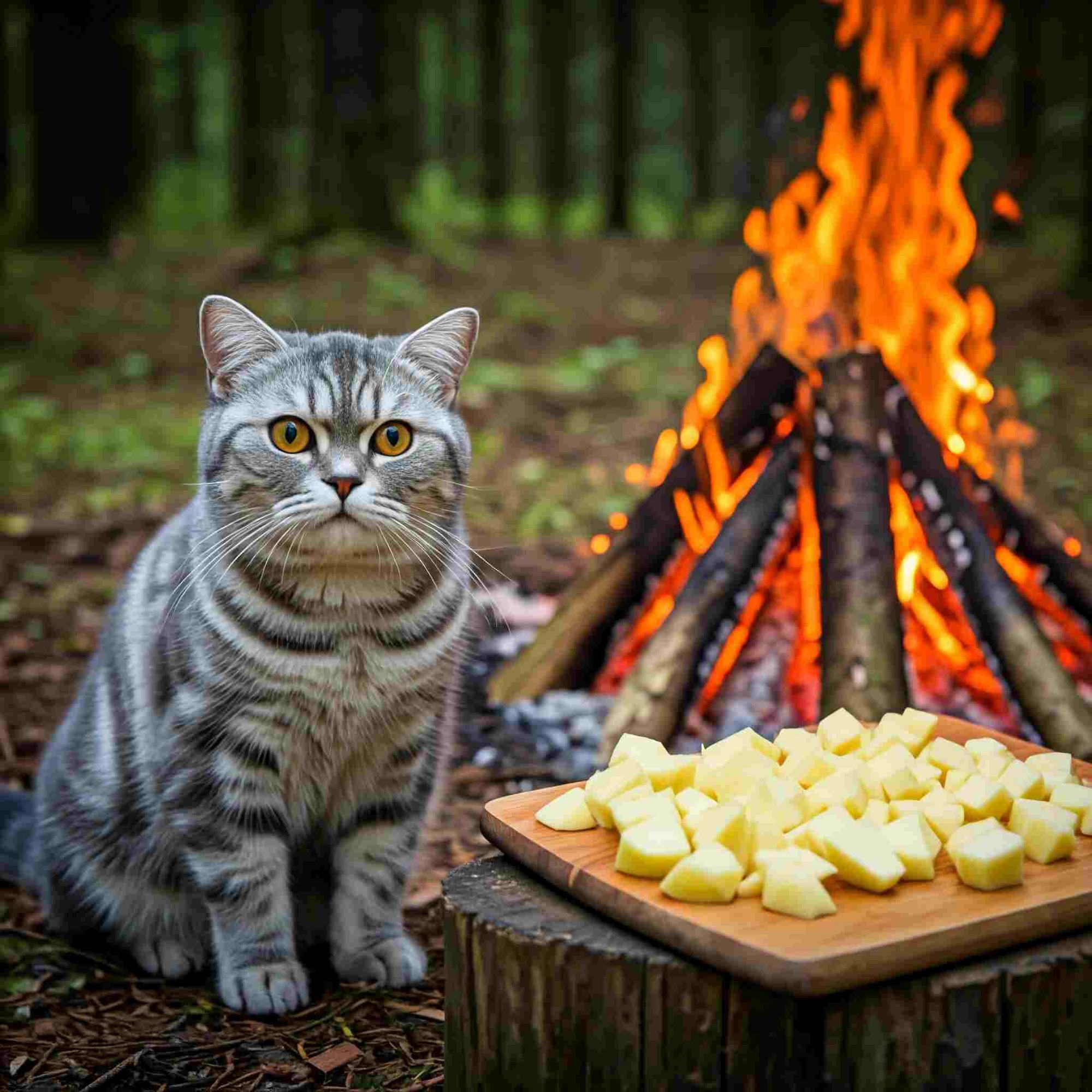 abby cat chef preparing a tasty campfire meal. Breakfast at Sierra National Forest