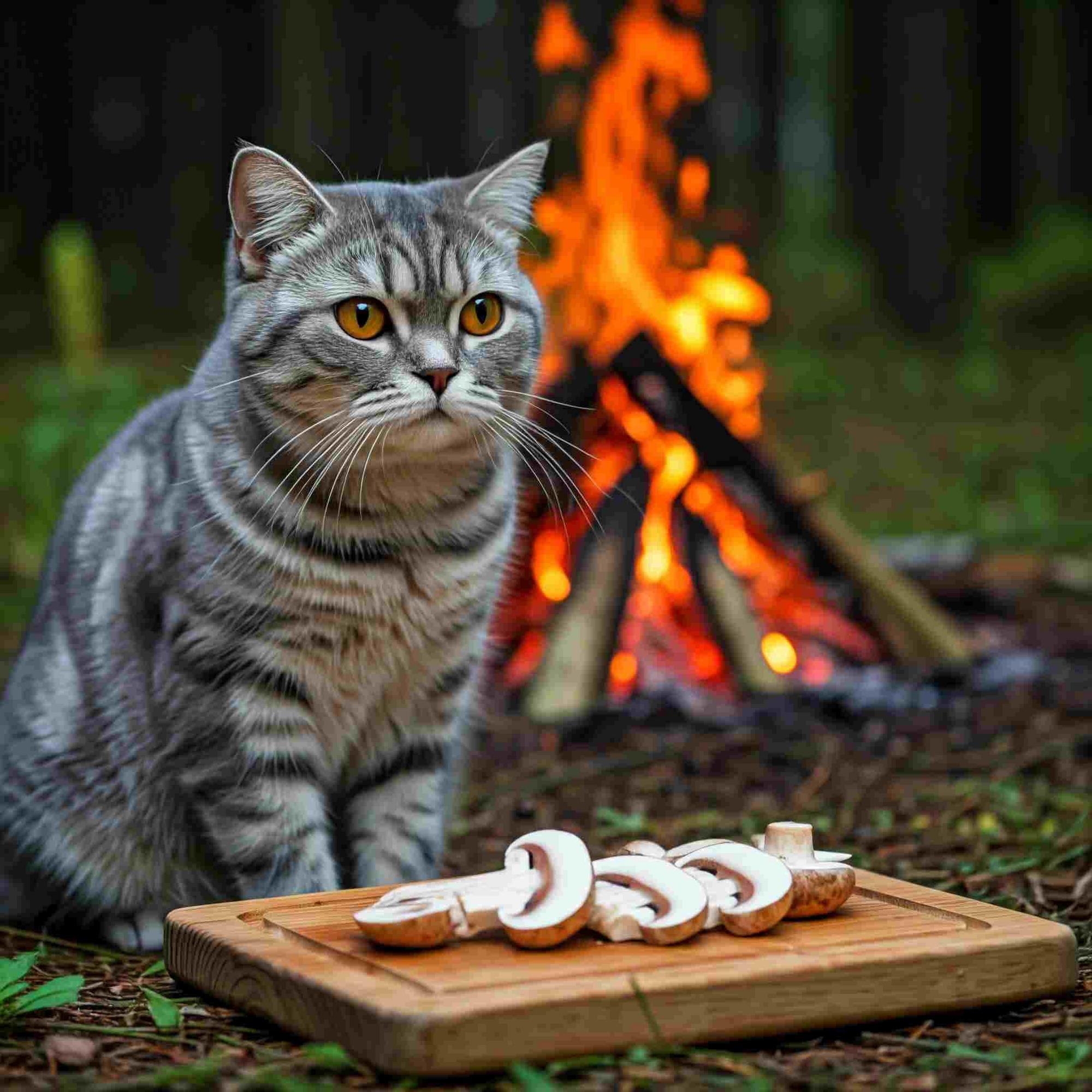 Adorable tabby cat camping companion roasting marshmallows