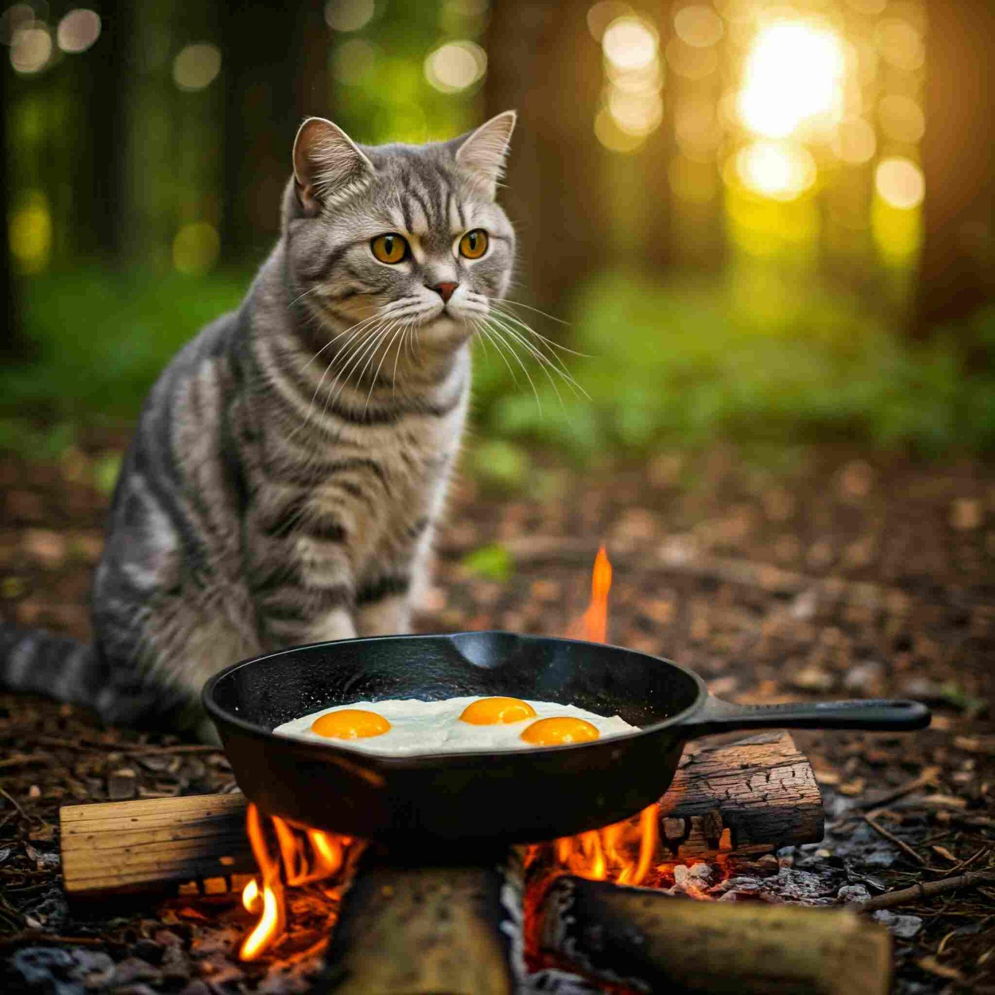 Tabby cat chef preparing a tasty campfire breakfast of eggs