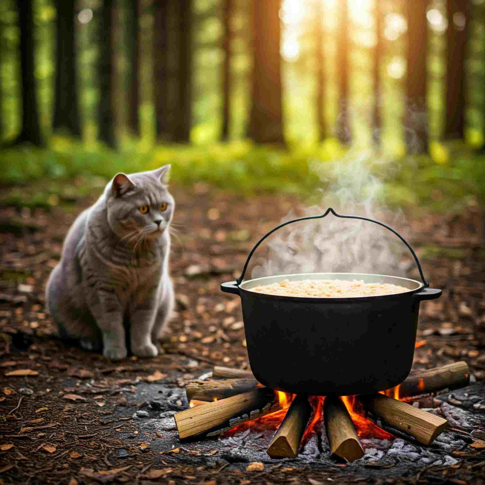 cat sitting in front of a campfire with a cast iron pot of oatmeal bubbling away
