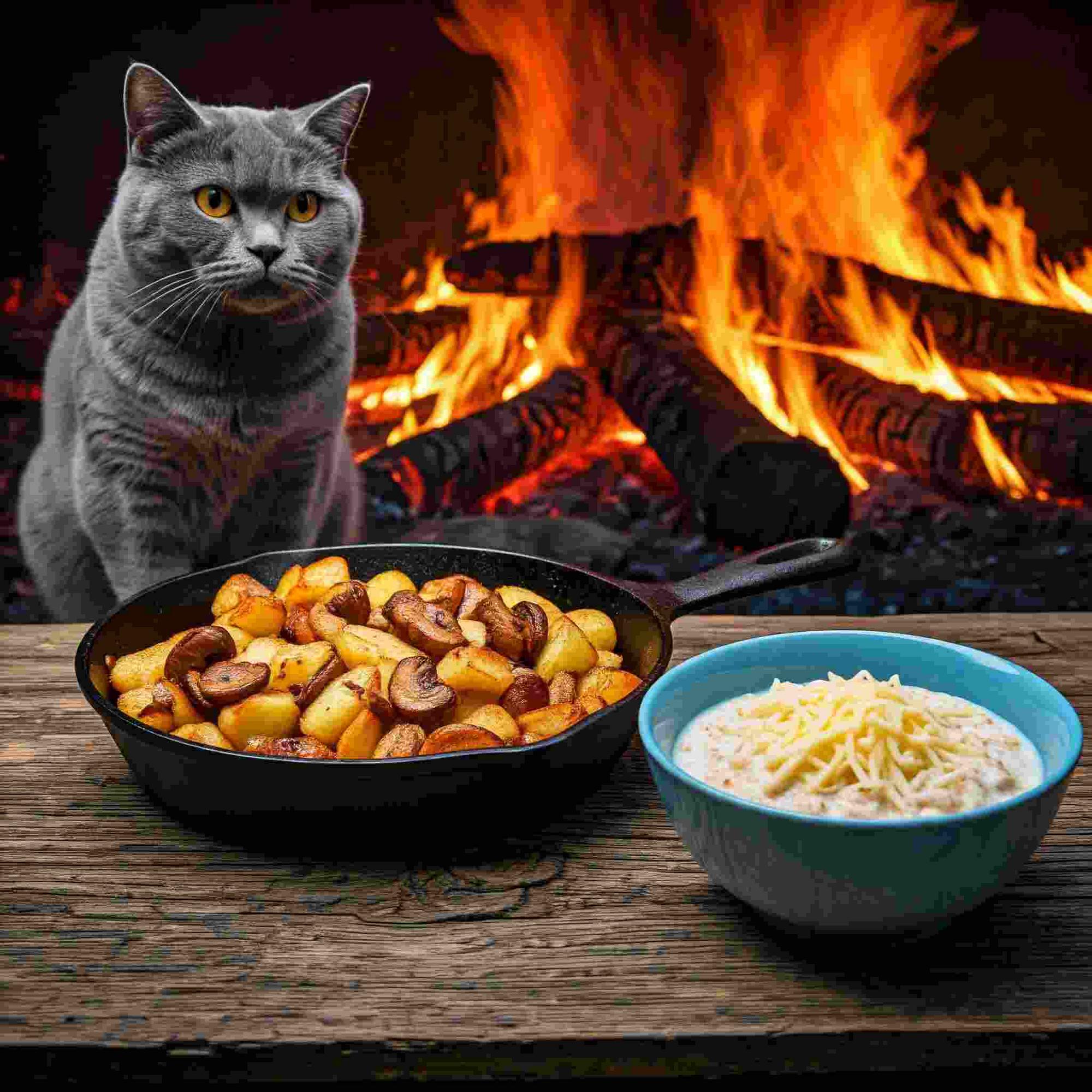 cat sits in front of a campfire, watching as potatoes and mushrooms sizzle in a cast iron skillet. A bowl of creamy cheese soup sits nearby. a delicious breakfast at Sierra National Forest