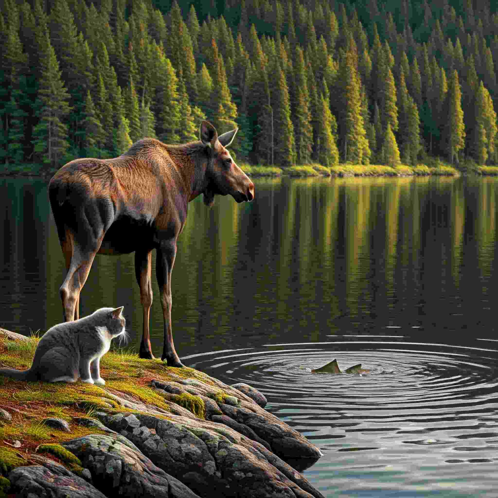 A majestic moose and a curious gray cat standing on a rocky shore, overlooking a serene lake surrounded by lush green pine trees in a beautiful wilderness setting
