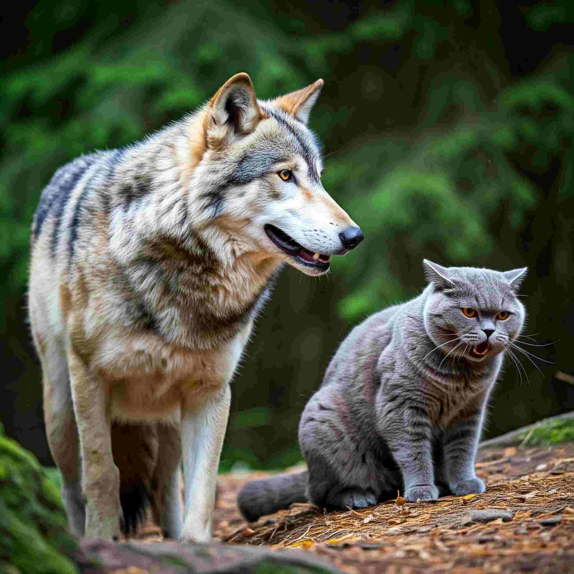 A majestic gray wolf and a bold British Shorthair cat stand together in a wild, forested setting, reminiscent of the untamed beauty found in US national parks like Isle Royale