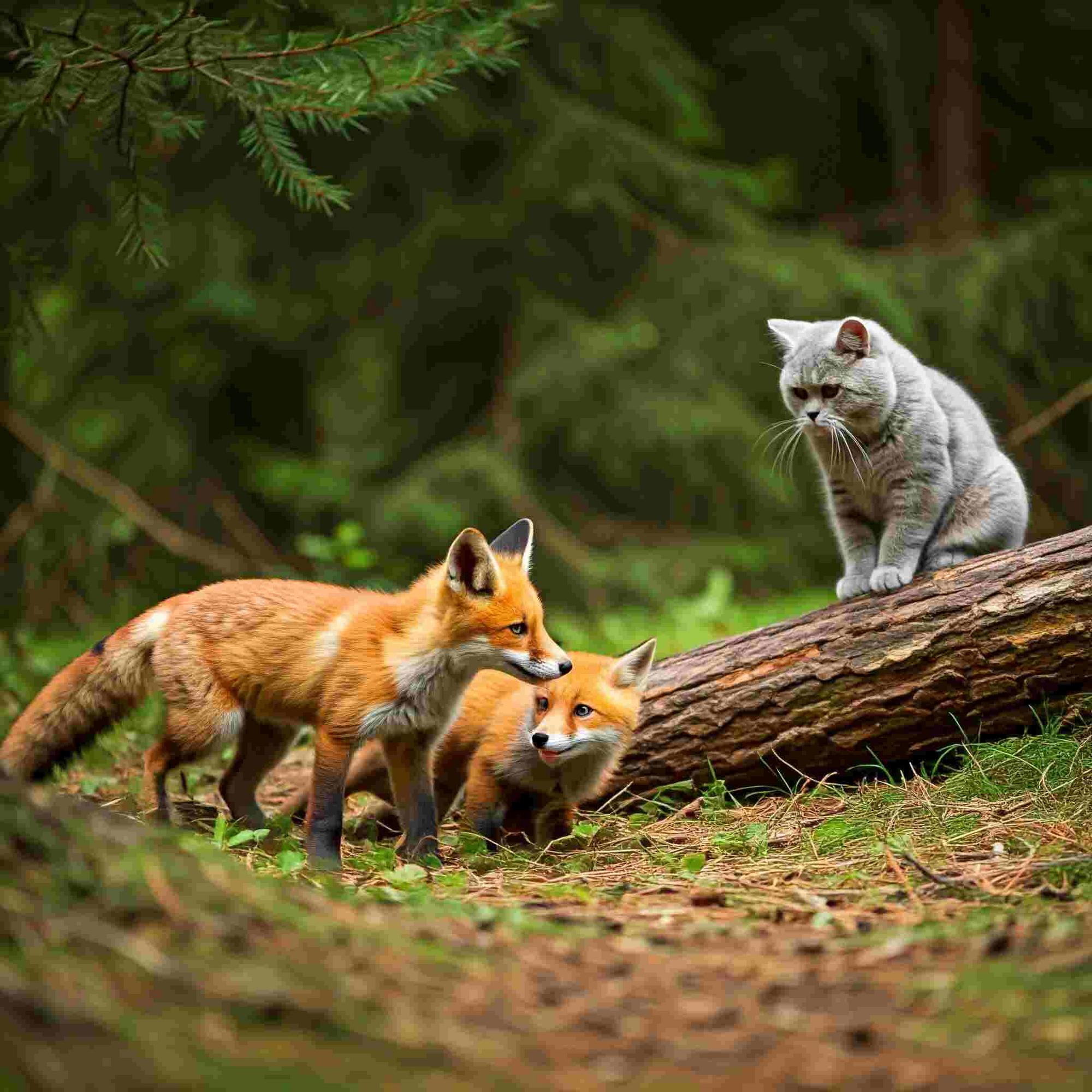 A curious British Shorthair cat watches two red foxes in the lush forest of Isle Royale National Park.