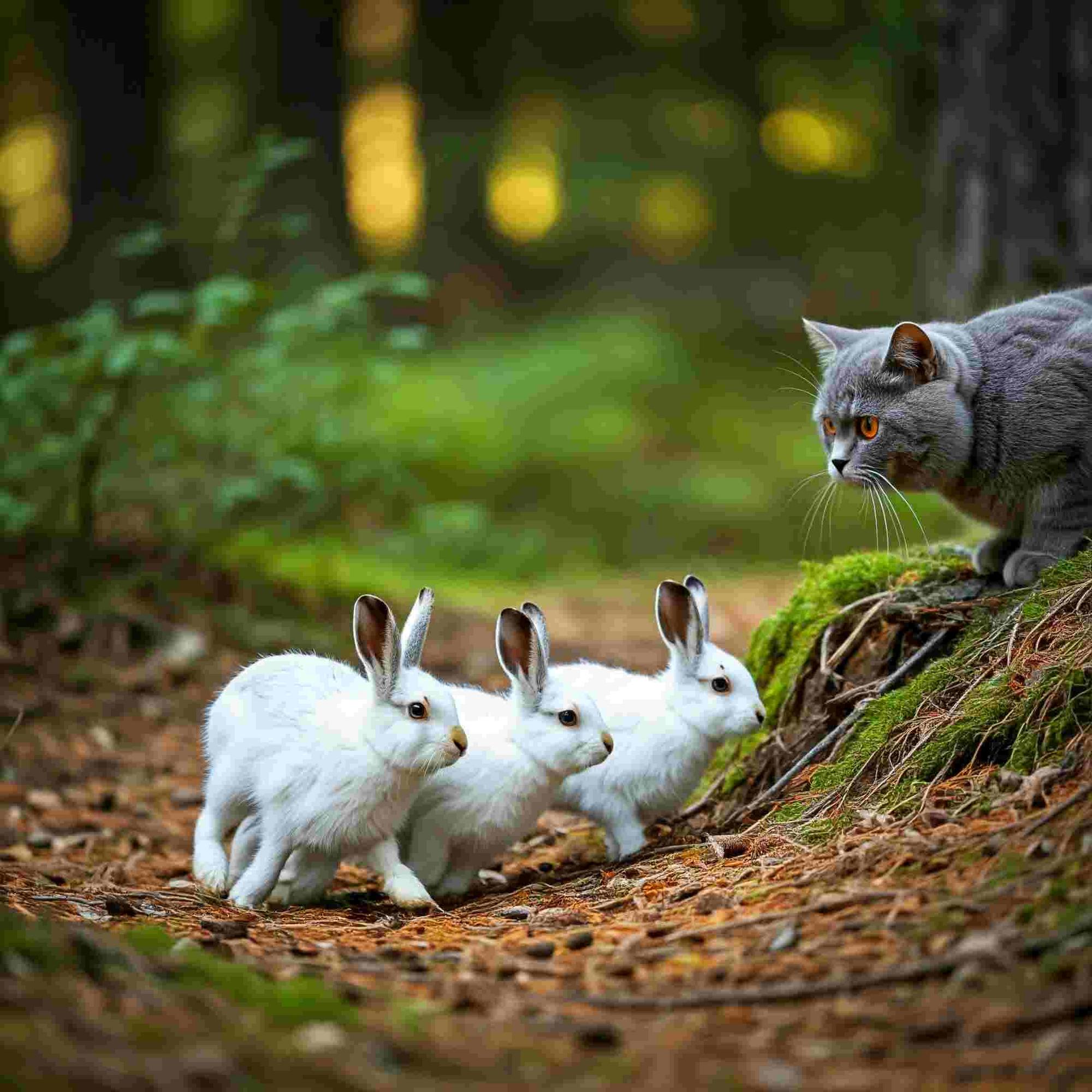 Nature's beauty captured: A British Shorthair cat and three white rabbits pose for a photo in the breathtaking scenery of Isle Royale National Park