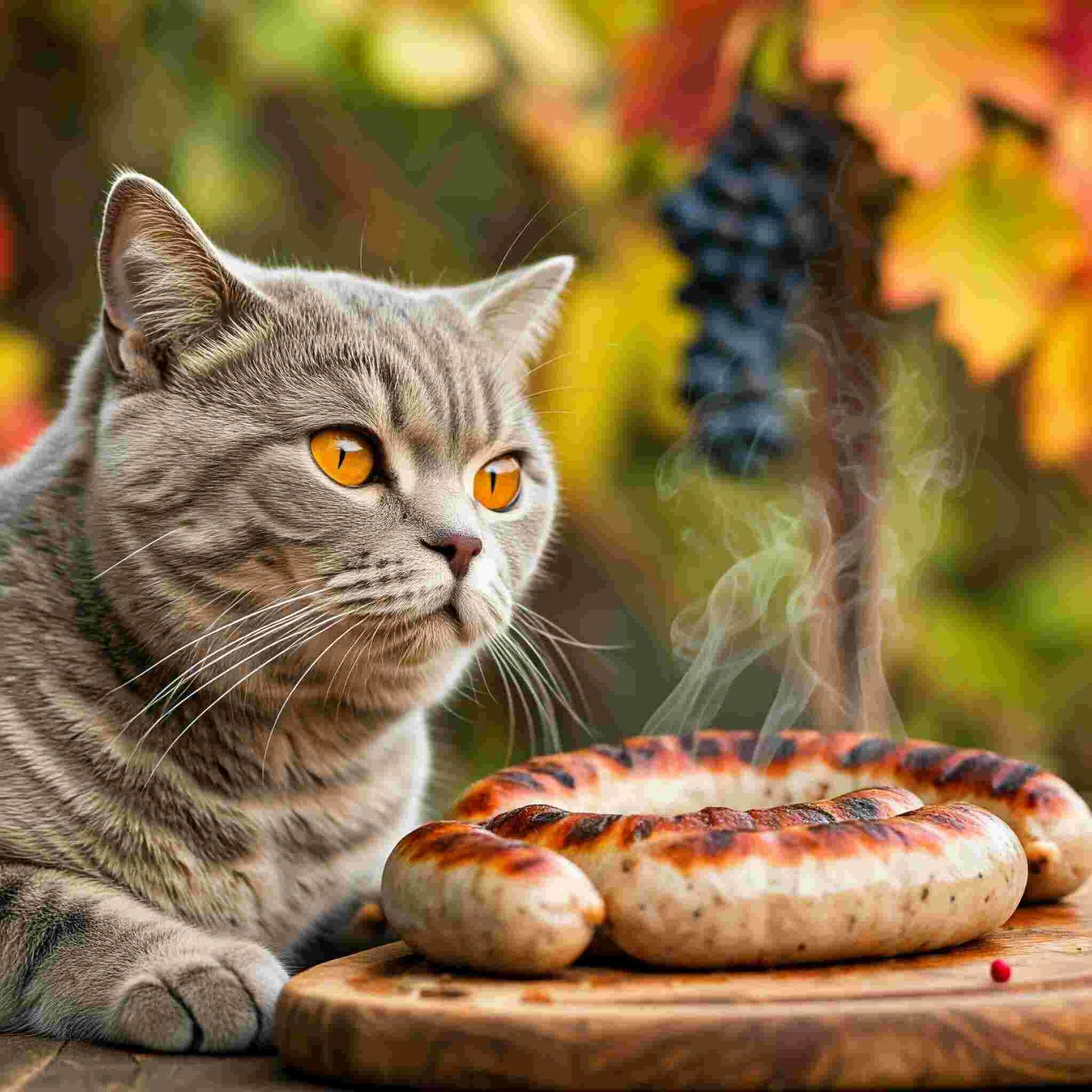 A curious cat watches with anticipation as delicious smoked sausages sizzle on a charcoal grill, surrounded by the aroma of summer and the beauty of a grapevine-covered backyard.