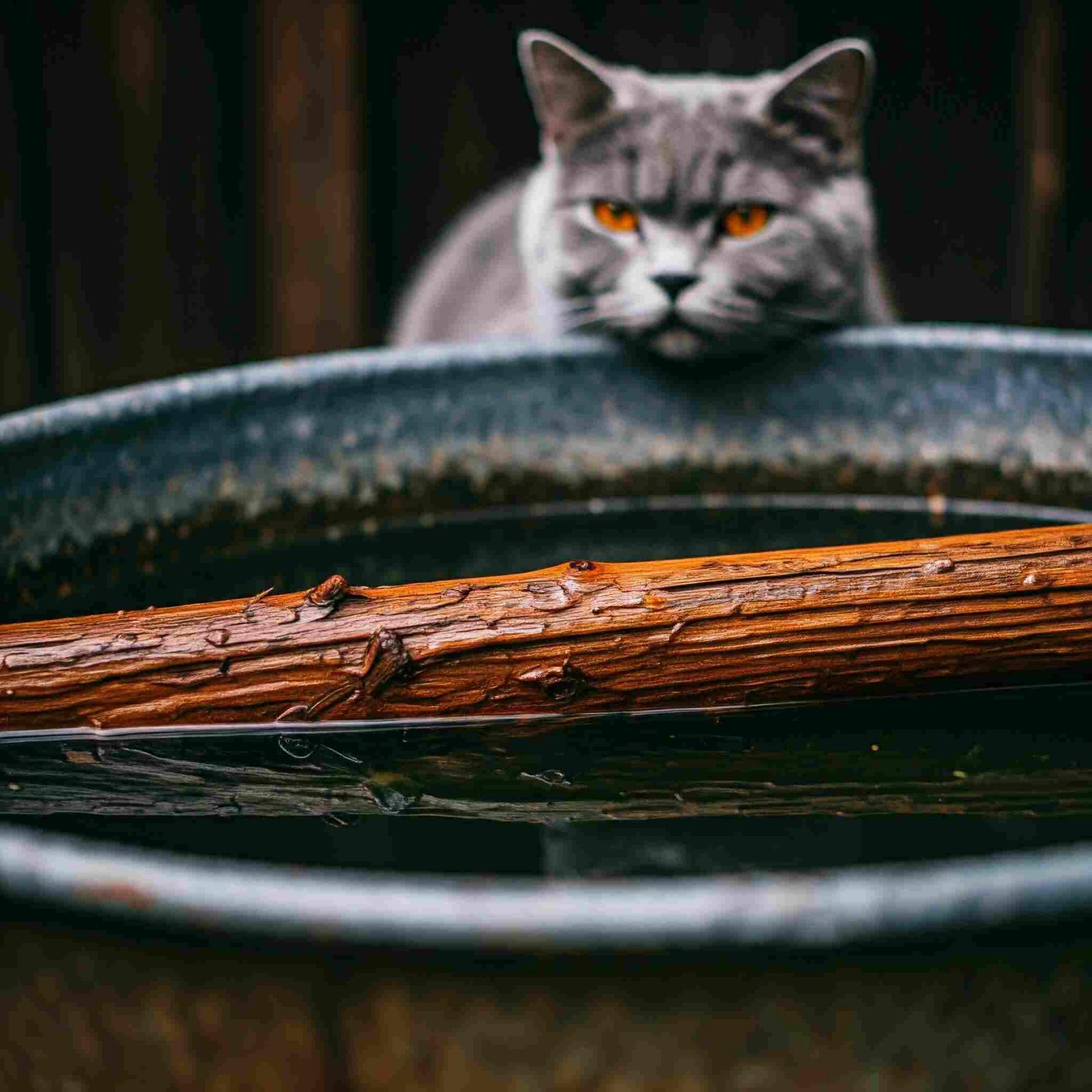 A curious cat investigates a grapevine branch submerged in a barrel of water, its eyes wide with wonder.
