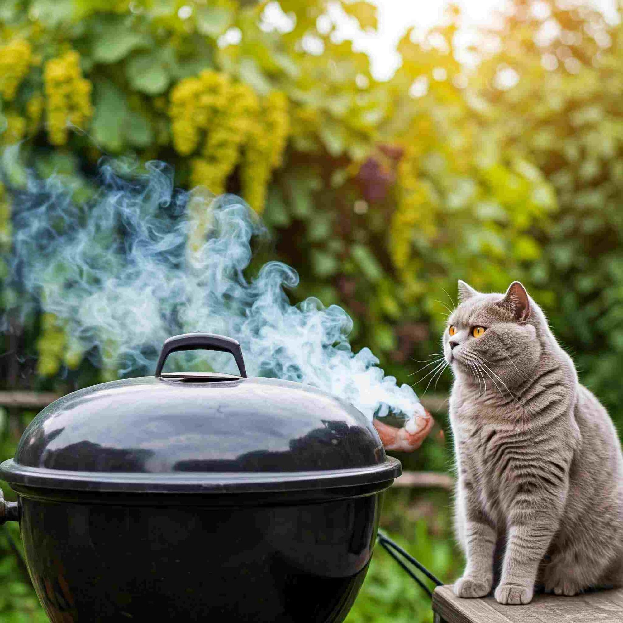 A close-up photo of a curious cat watching a charcoal grill with smoke coming out of it, in a backyard with a grapevine in the background.