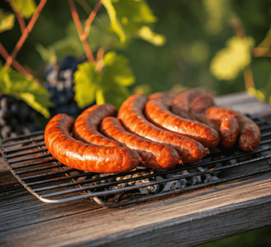 Juicy smoked sausages sizzling on a grill, perfect for a backyard barbecue. The smoky flavor is enhanced by the aroma of grilling, making it an irresistible summer treat.