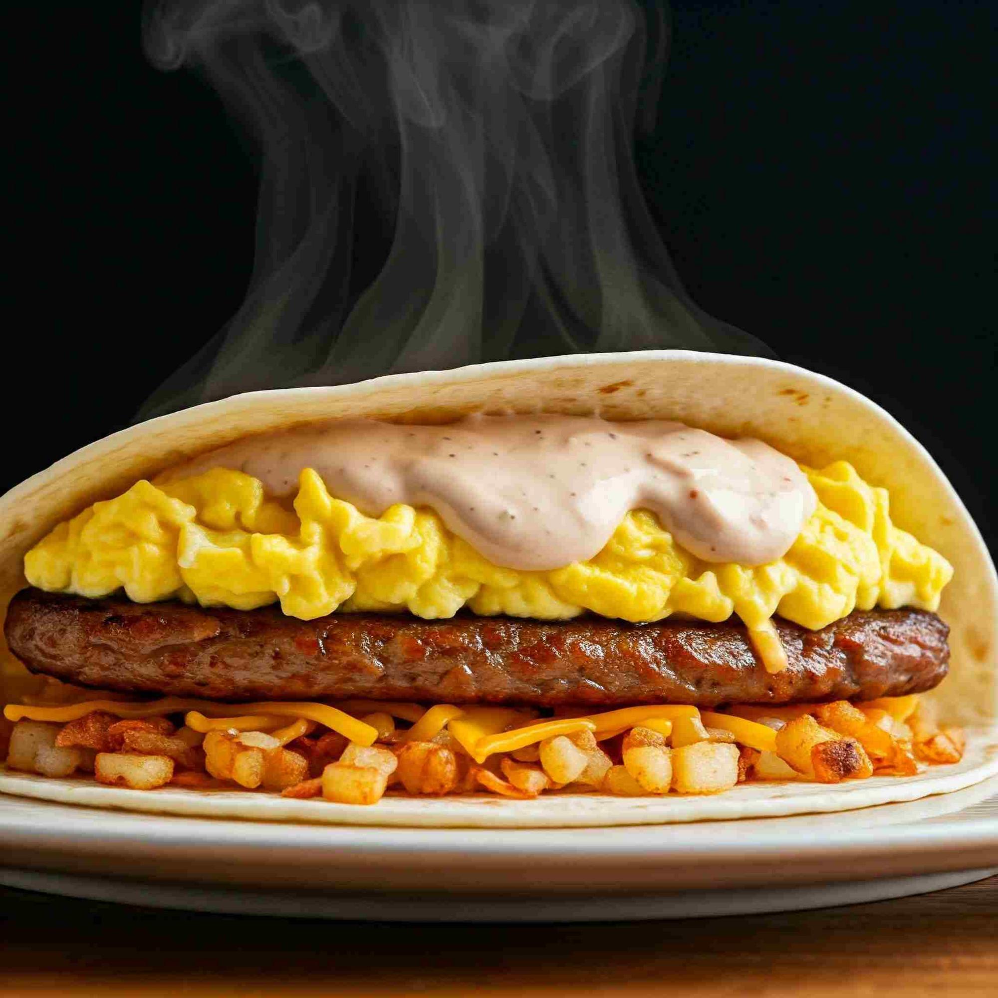 A mouthwatering Taco Bell Breakfast burrito filled with scrambled eggs, sausage, hash browns, cheese, and a savory sauce.