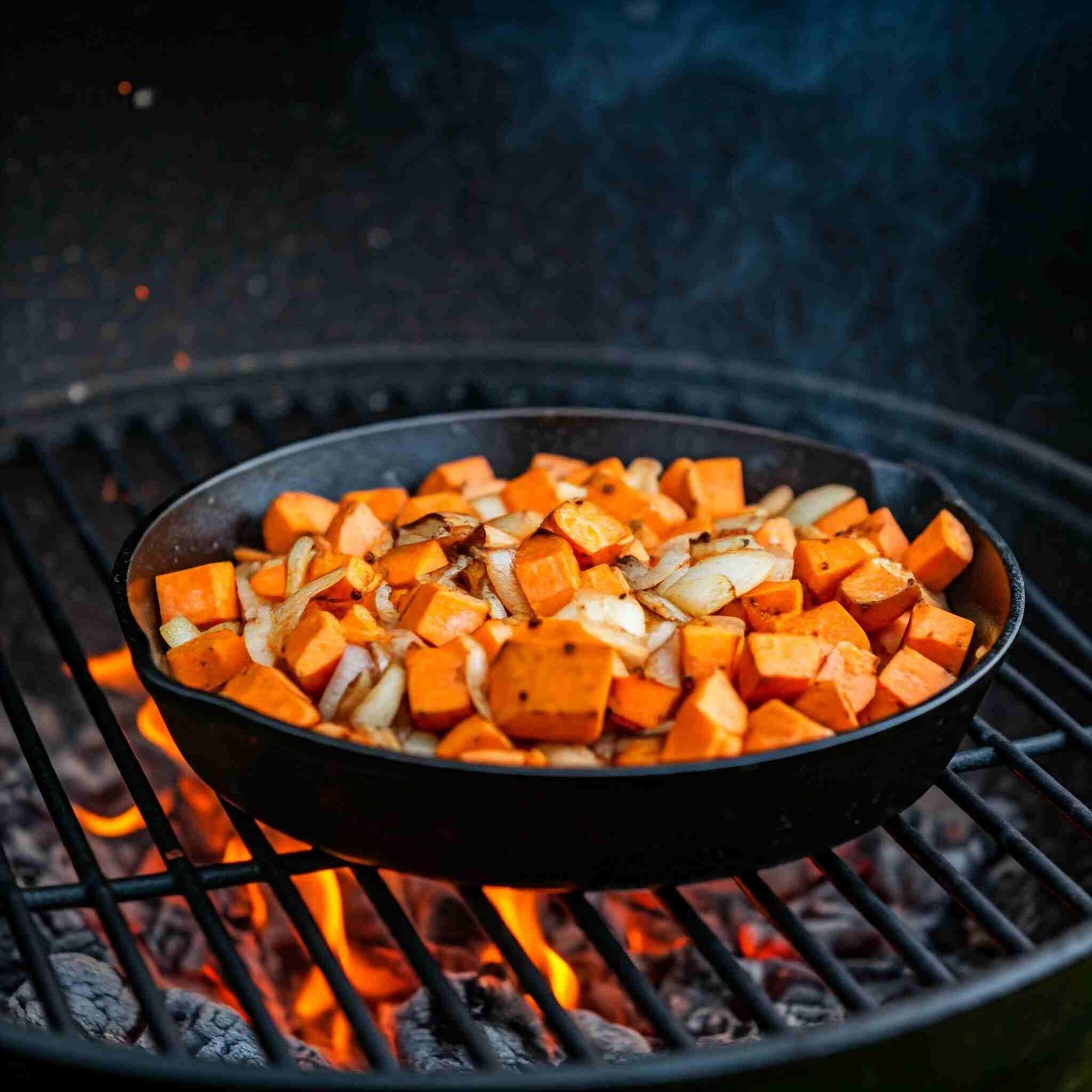 Cast iron skillet with sweet potatoes and onions cooking over wood embers.