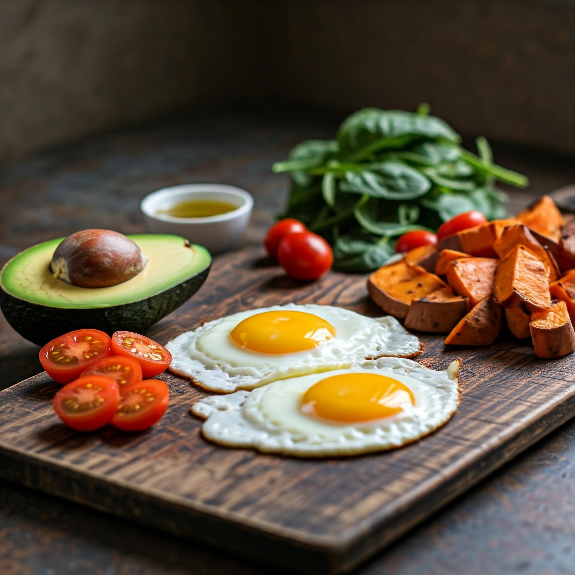 Fresh breakfast ingredients on a wooden board: eggs, tomatoes, sweet potatoes, spinach, and avocado