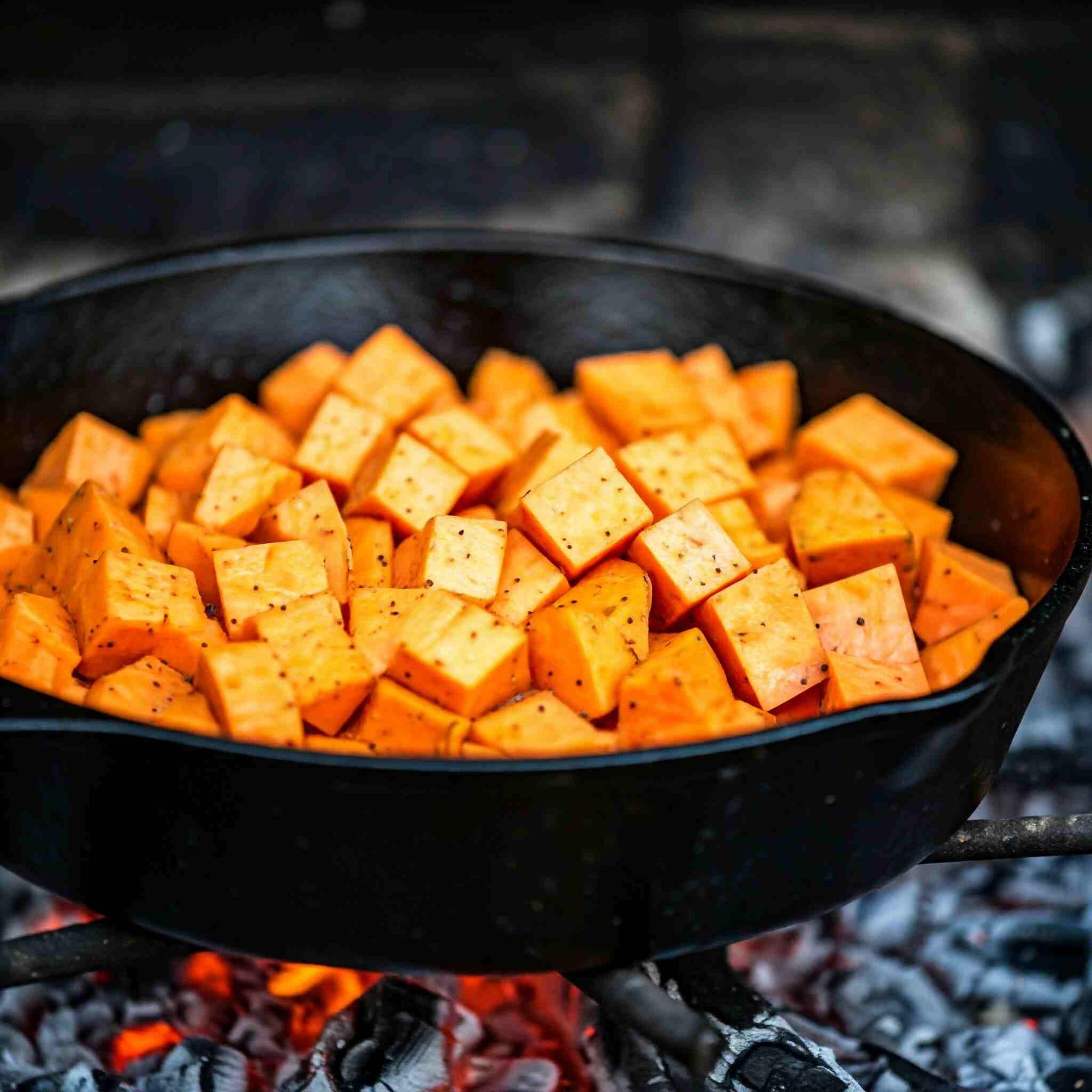 Diced sweet potatoes cooking in a cast iron skillet over wood embers