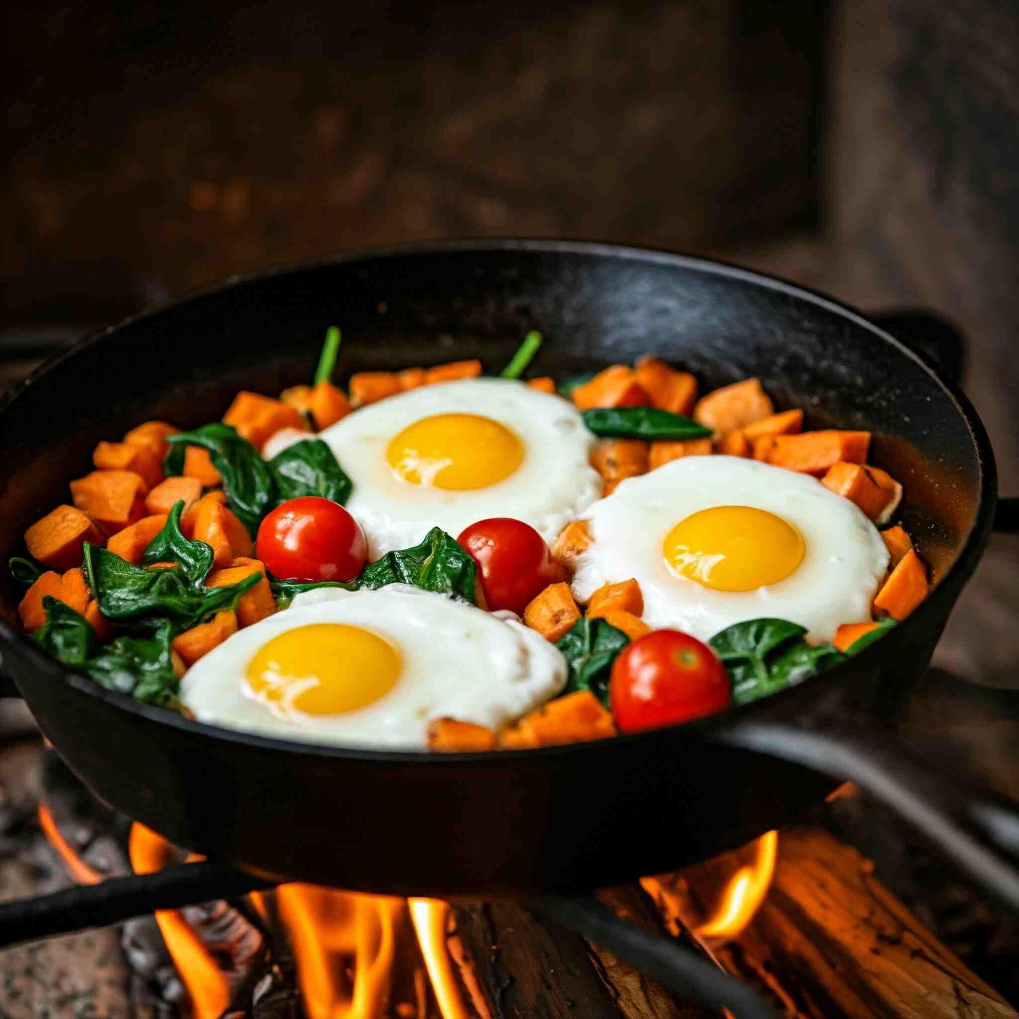 Eggs and vegetables cooking together in a cast iron skillet over wood fire.