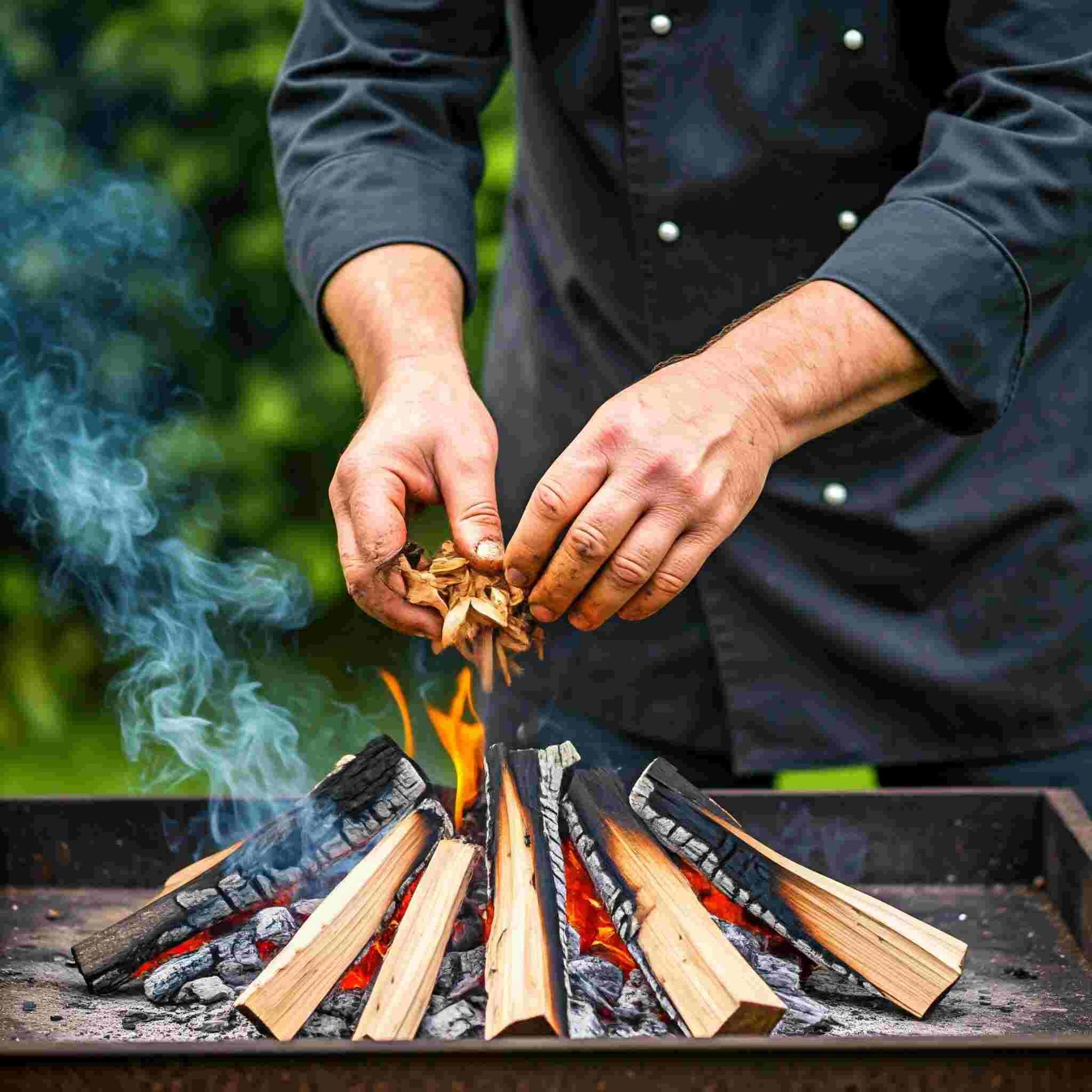 Soaked wood chips on glowing embers to add smoky flavor to wood-cooked meals