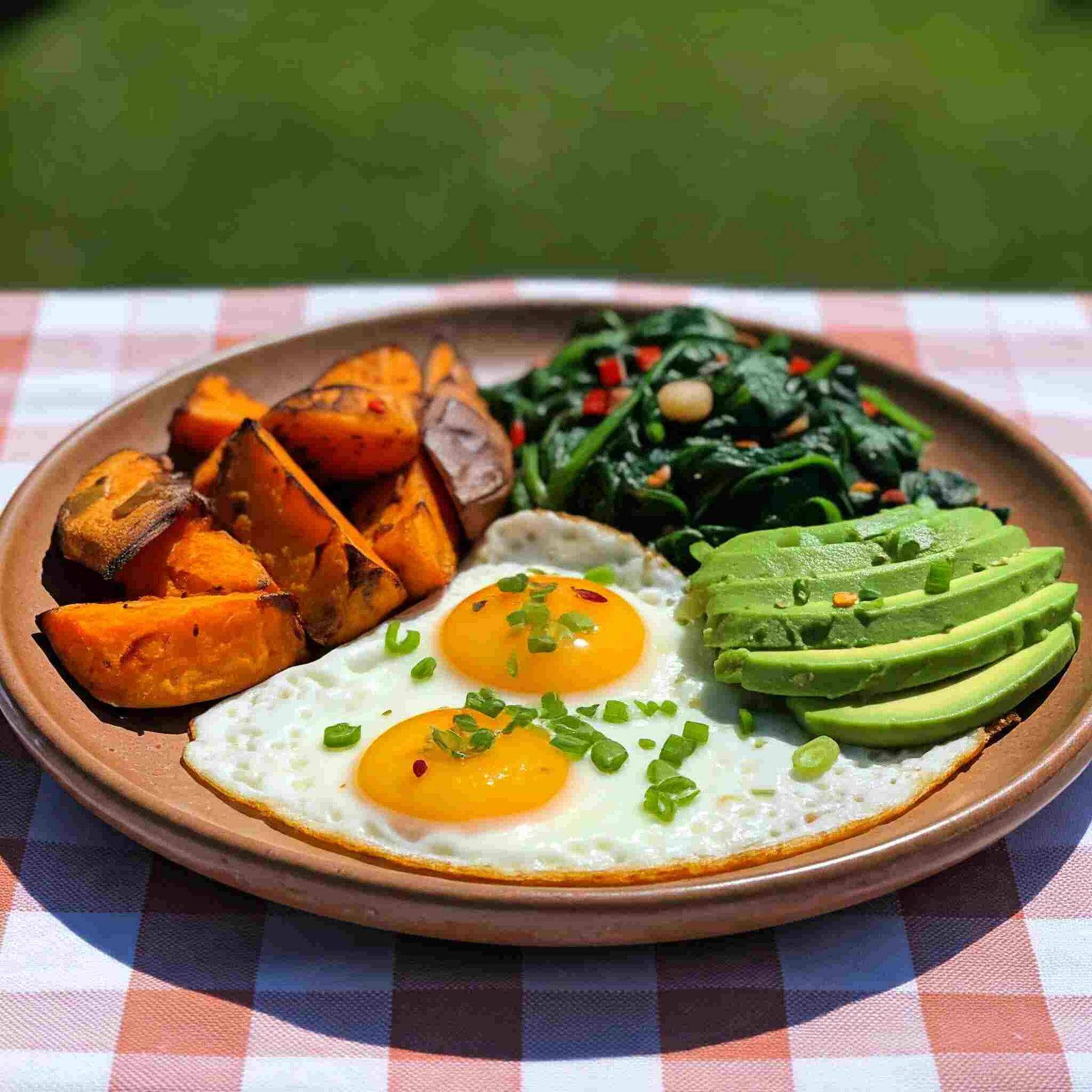 Rustic breakfast plate with eggs, sweet potatoes, spinach, and avocado