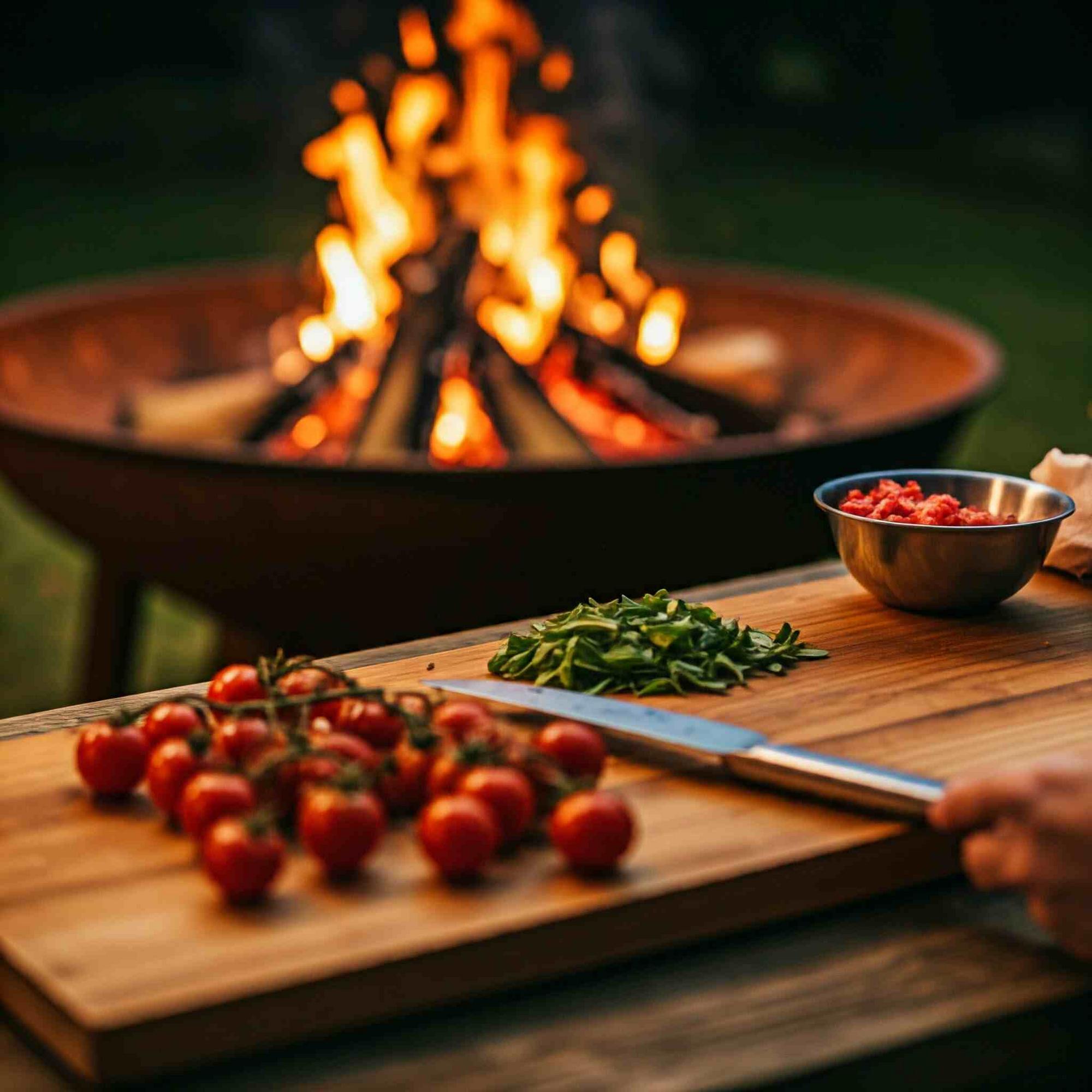 Cook preparing vegetables near a fire pit for wood-cooked breakfast.