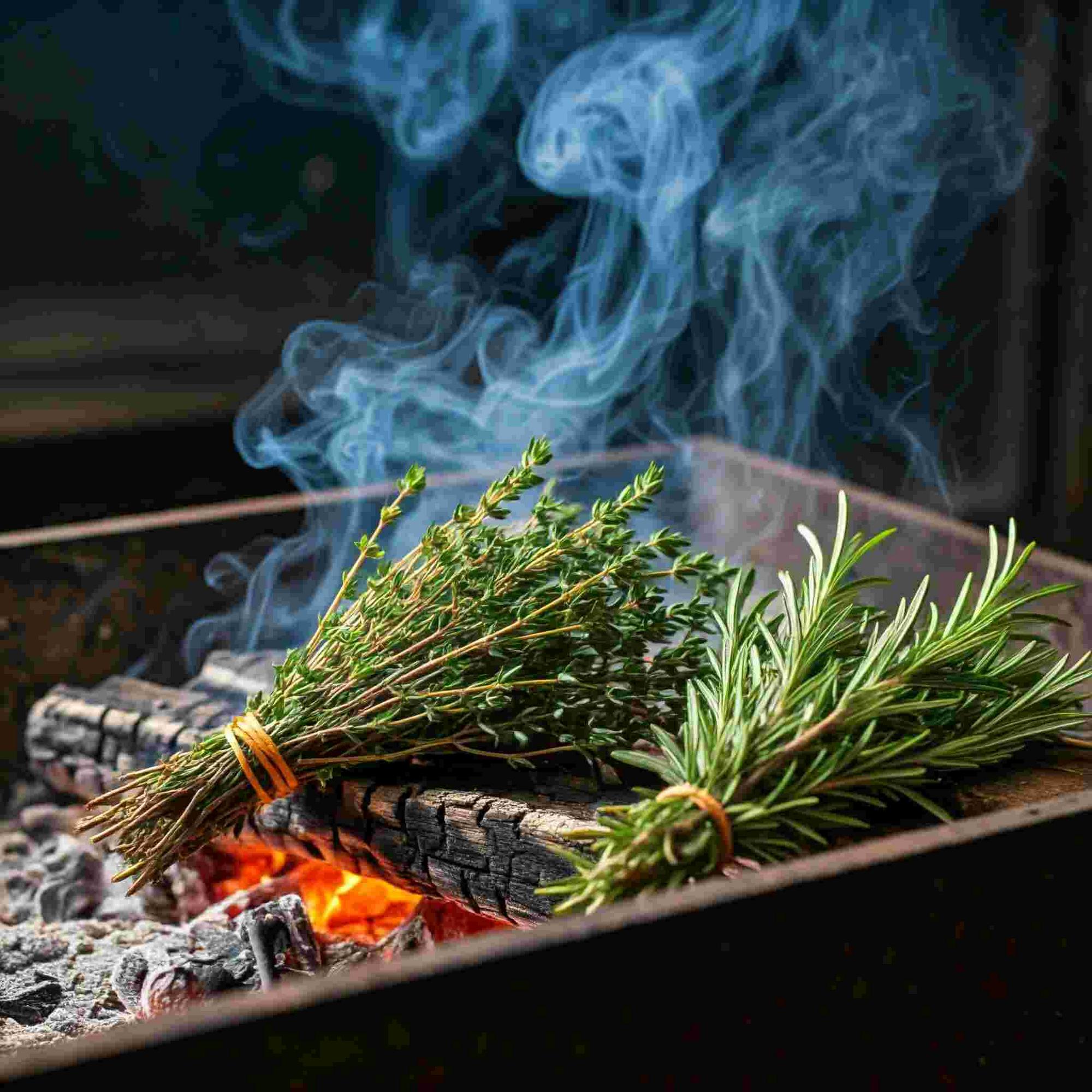 Herbs like rosemary and thyme on embers to add flavor to wood-cooked meals