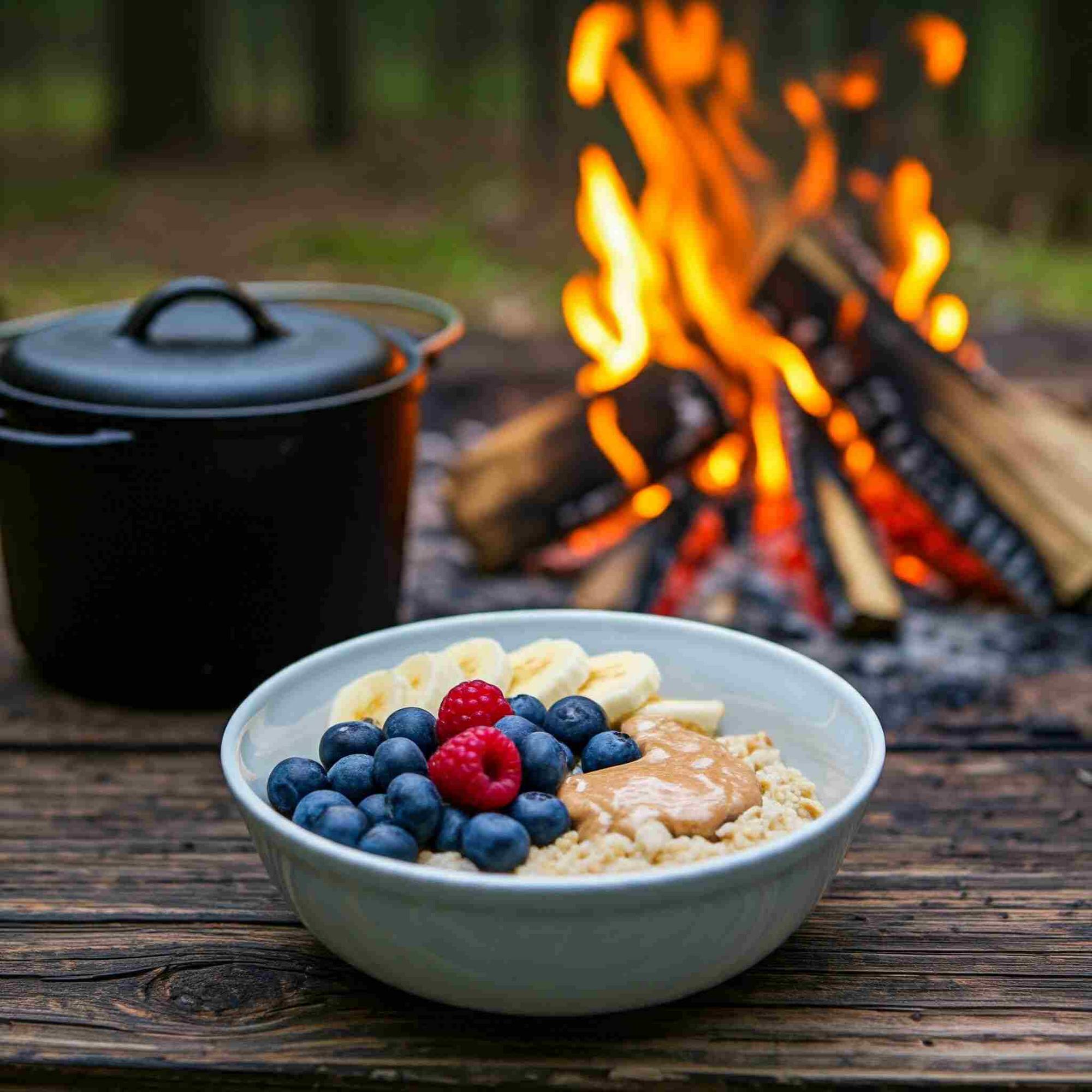 Rustic wood-fire breakfast scene with oatmeal, fresh berries, and a glowing campfire.