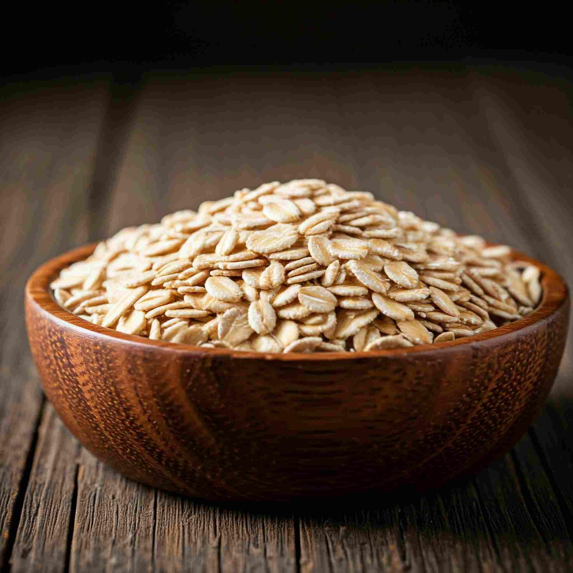 Close-up of raw steel-cut oats in a wooden bowl on a rustic table.