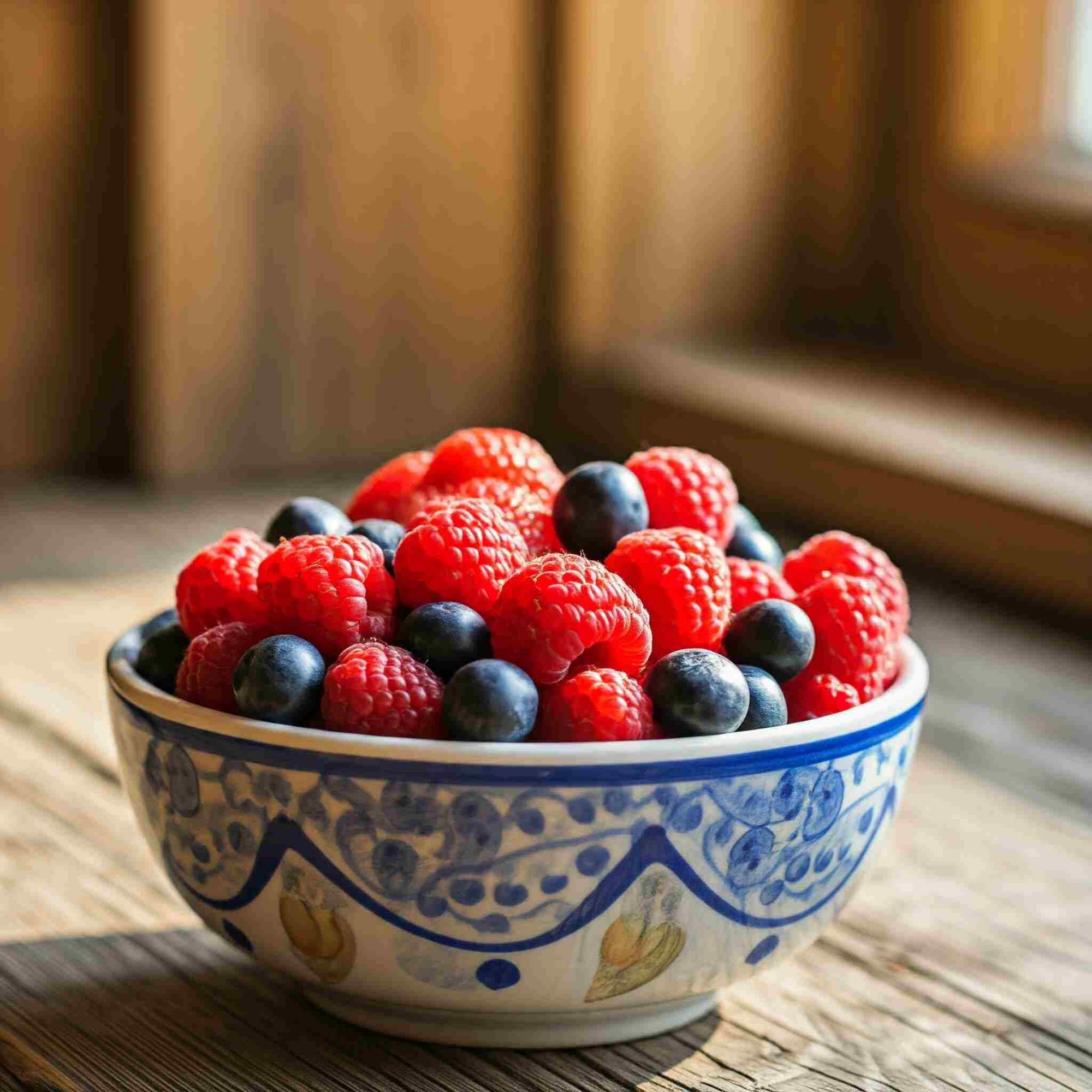 Vibrant bowl of fresh blueberries, raspberries, and strawberries in natural light