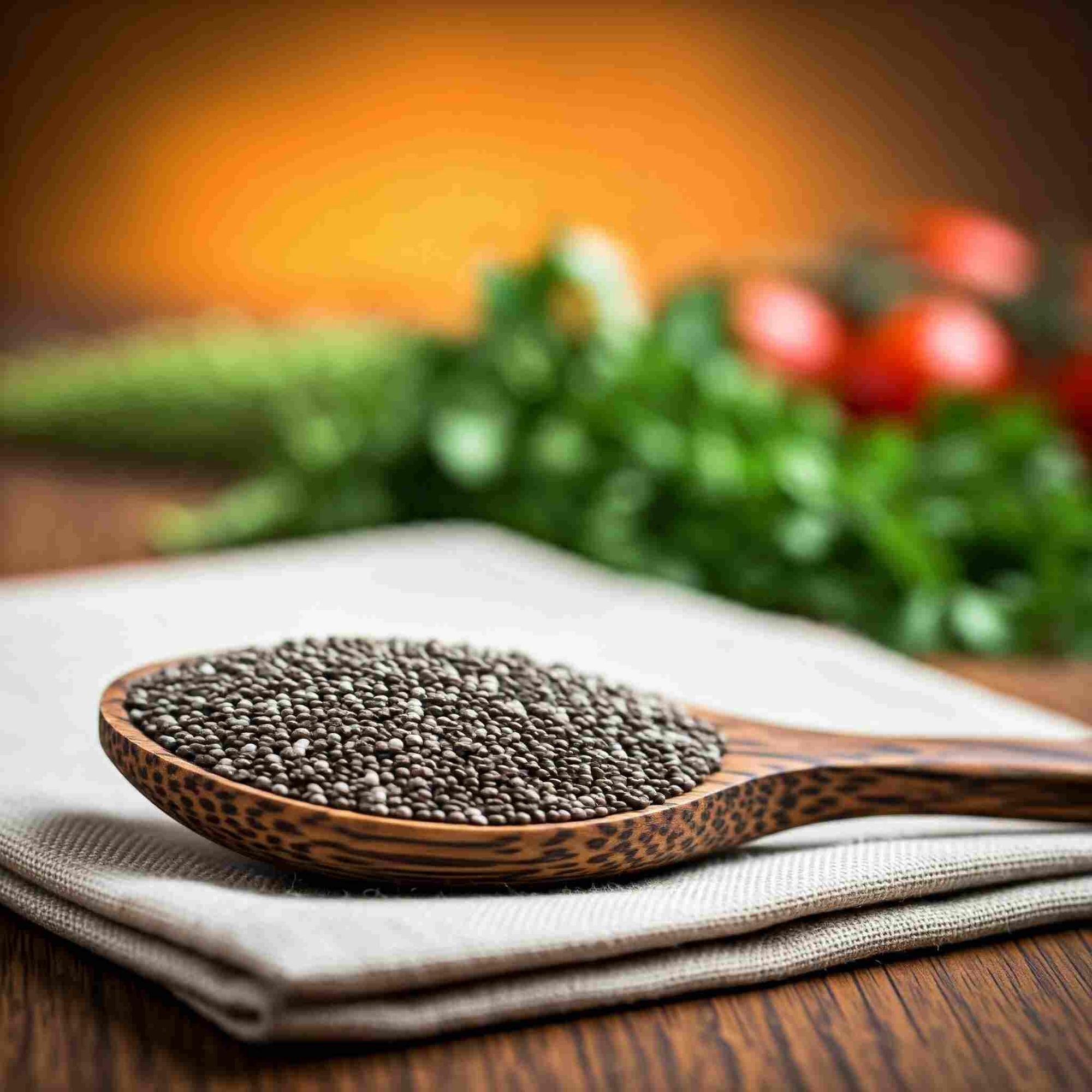 Wooden spoon filled with black chia seeds on a linen napkin.