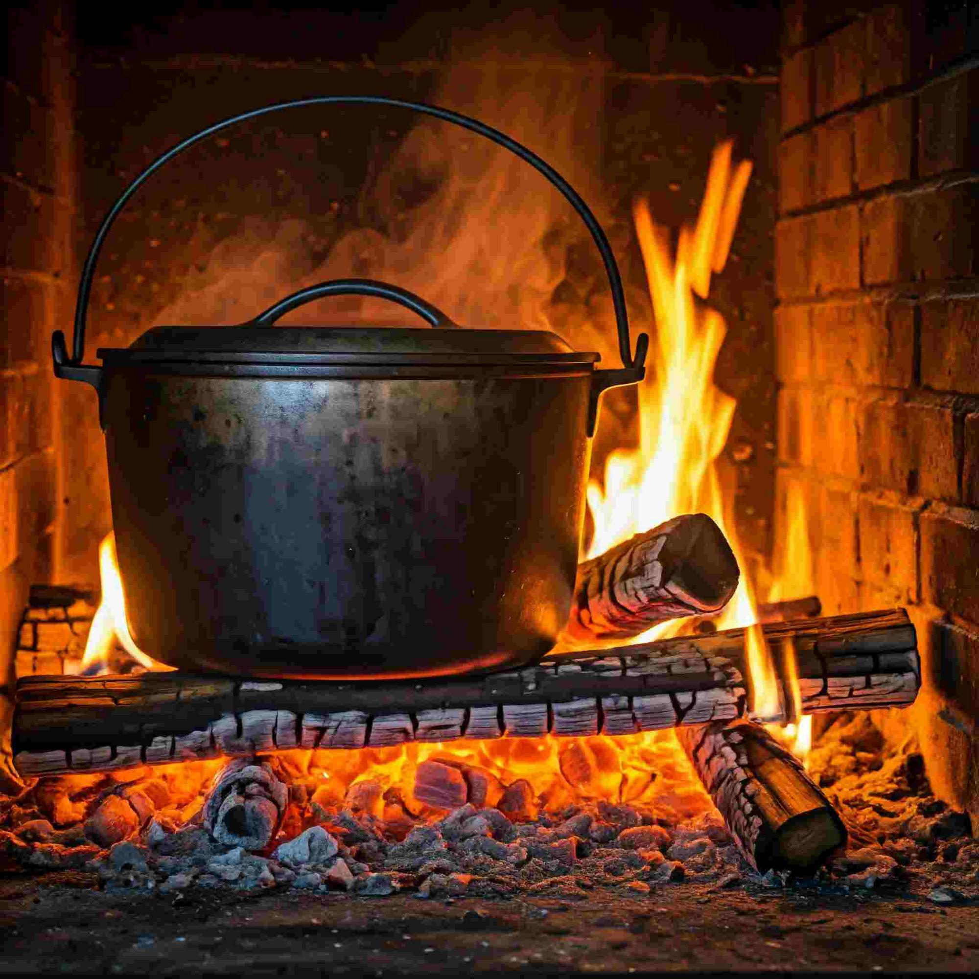Cast-iron pot cooking breakfast over glowing wood-fire embers.