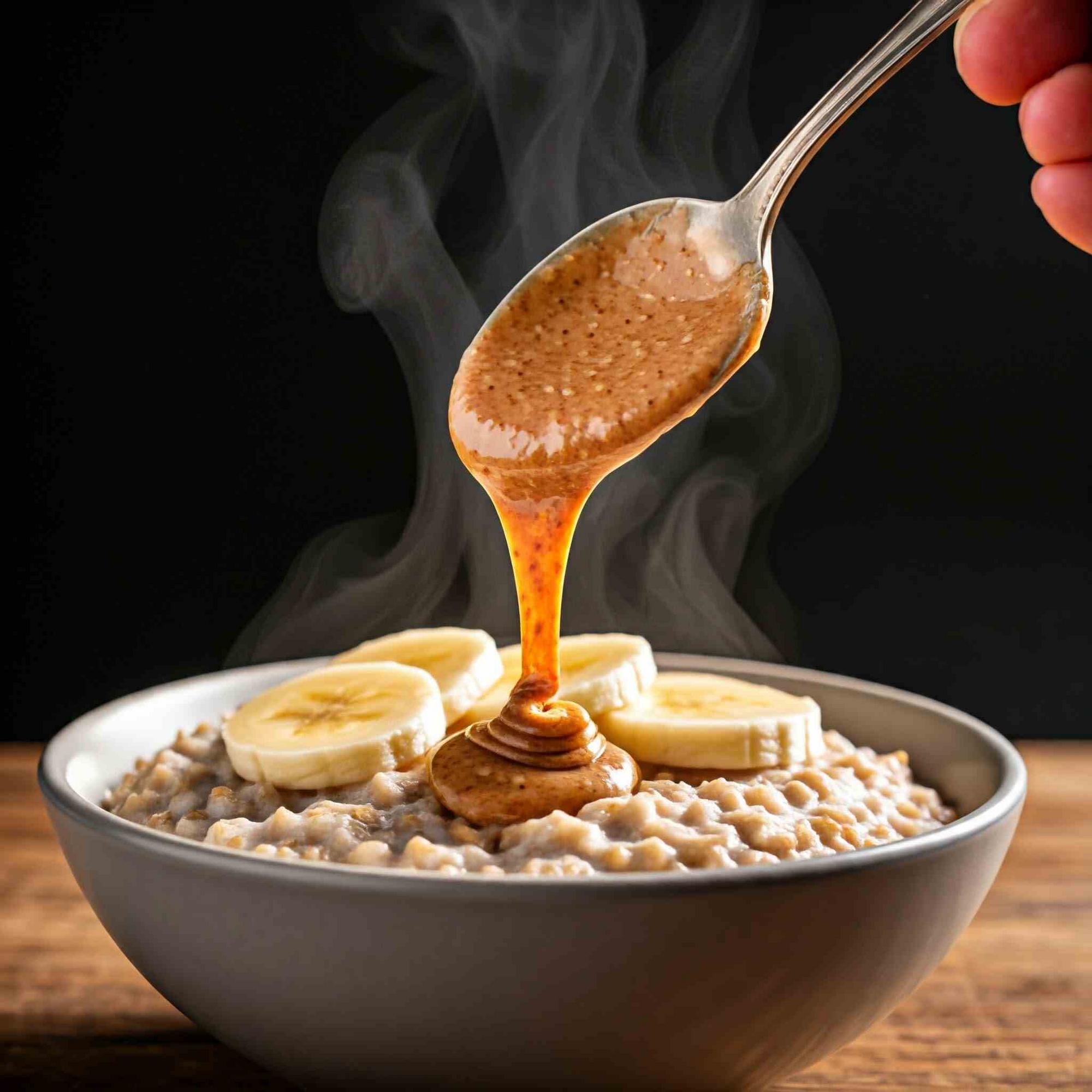 Spoon drizzling almond butter over oatmeal with banana slices.