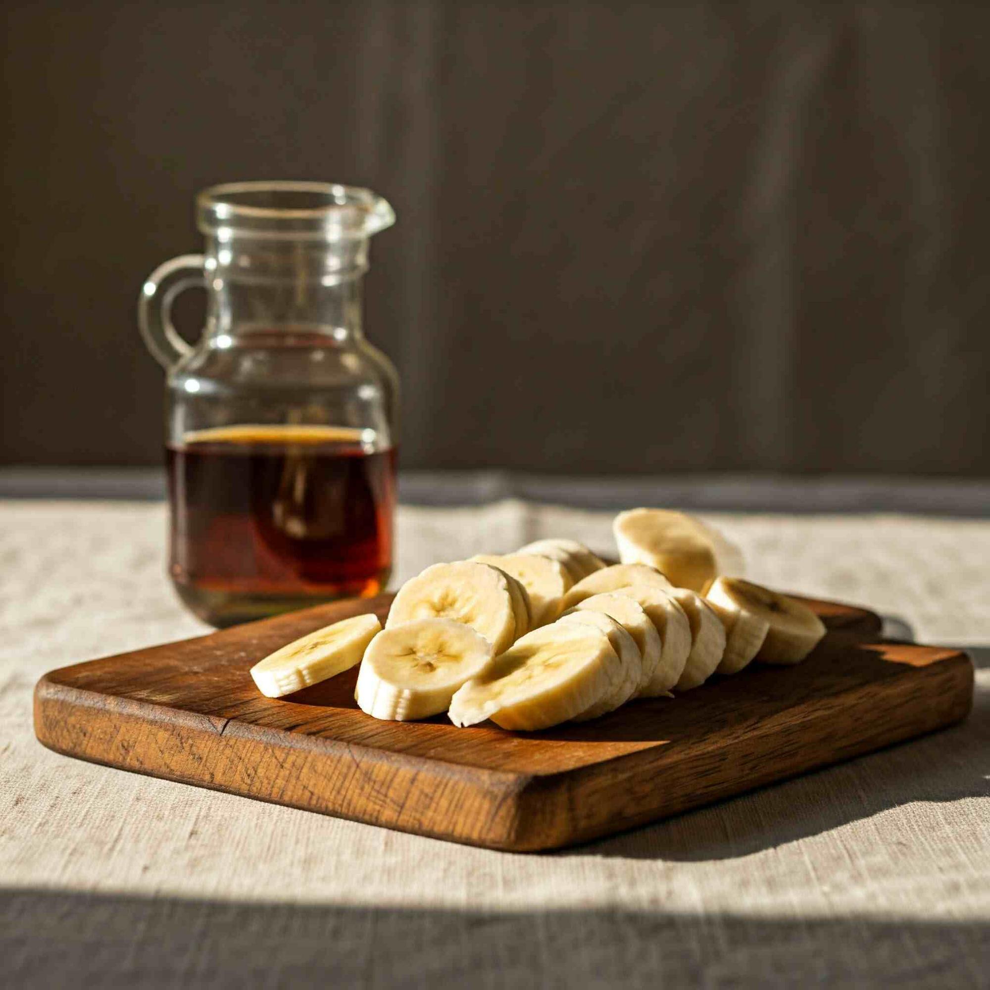 Sliced bananas and a jar of maple syrup on a wooden cutting board.