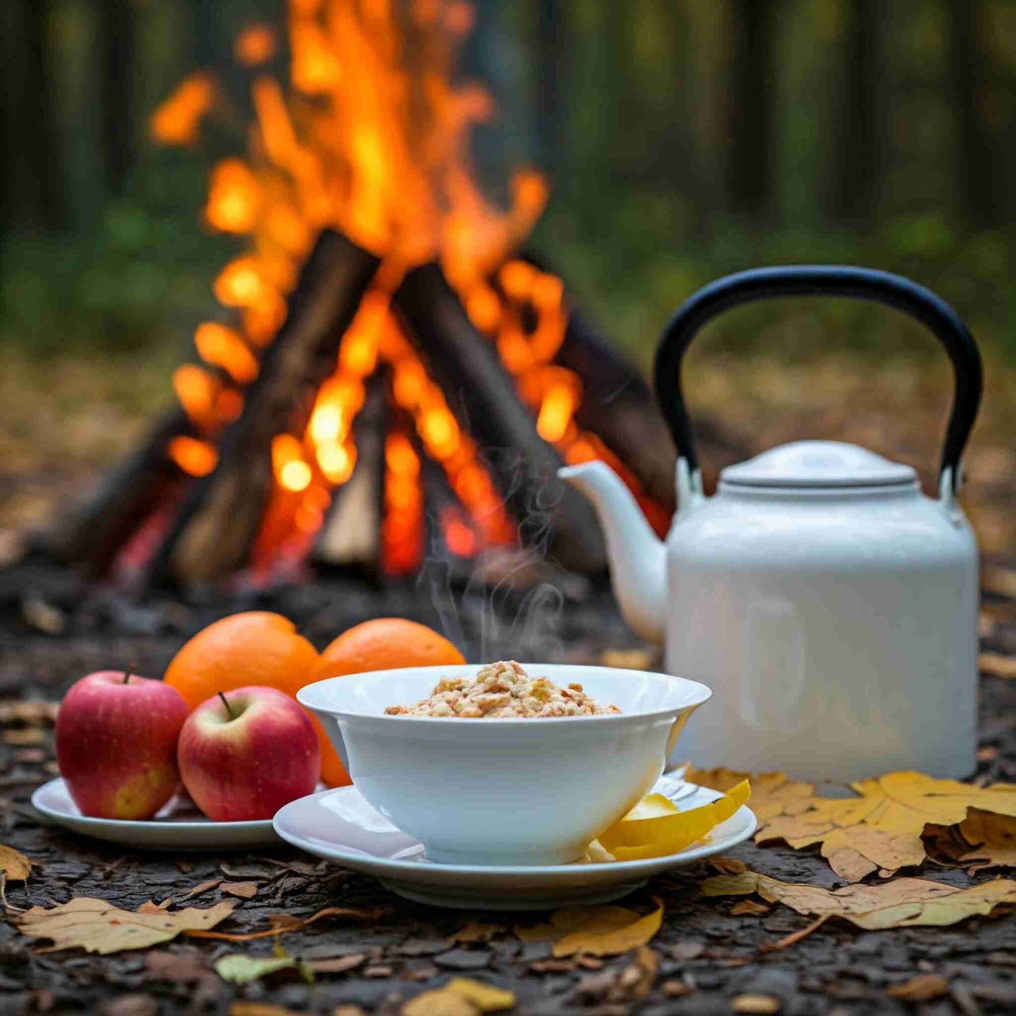 Outdoor wood-fire breakfast setup with oatmeal, fresh fruit, and a steaming kettle.
